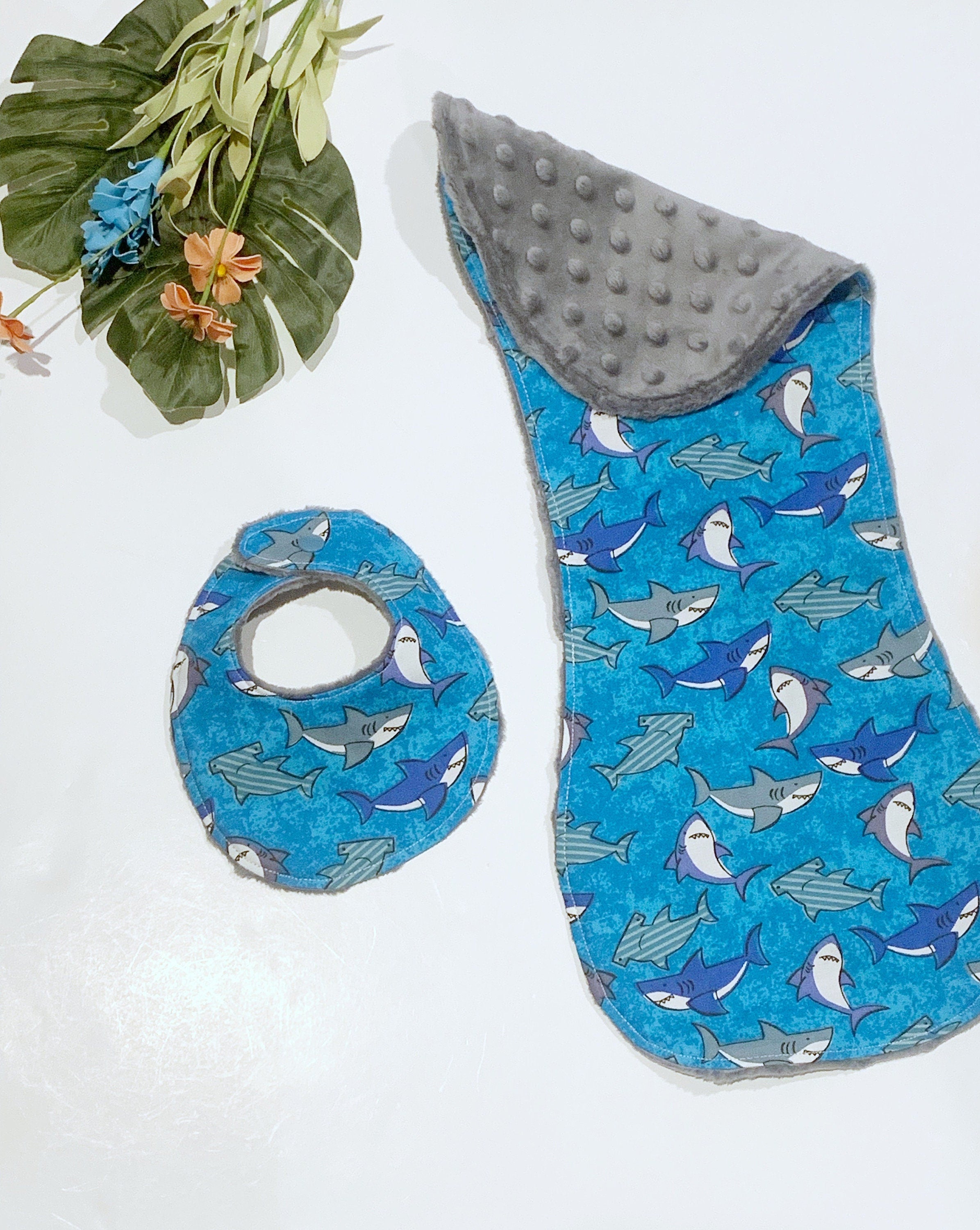 Shark bib and burp cloth set in newborn or baby toddler size for boy or girl, cotton & minky