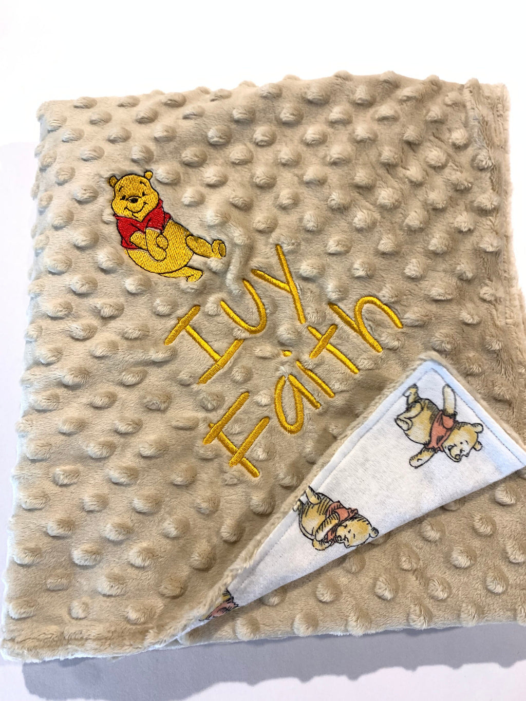 Personalized Baby Blanket made from Winnie the Pooh flannel fabric for boy or girl, minky back nursery bedding with embroidered Winnie
