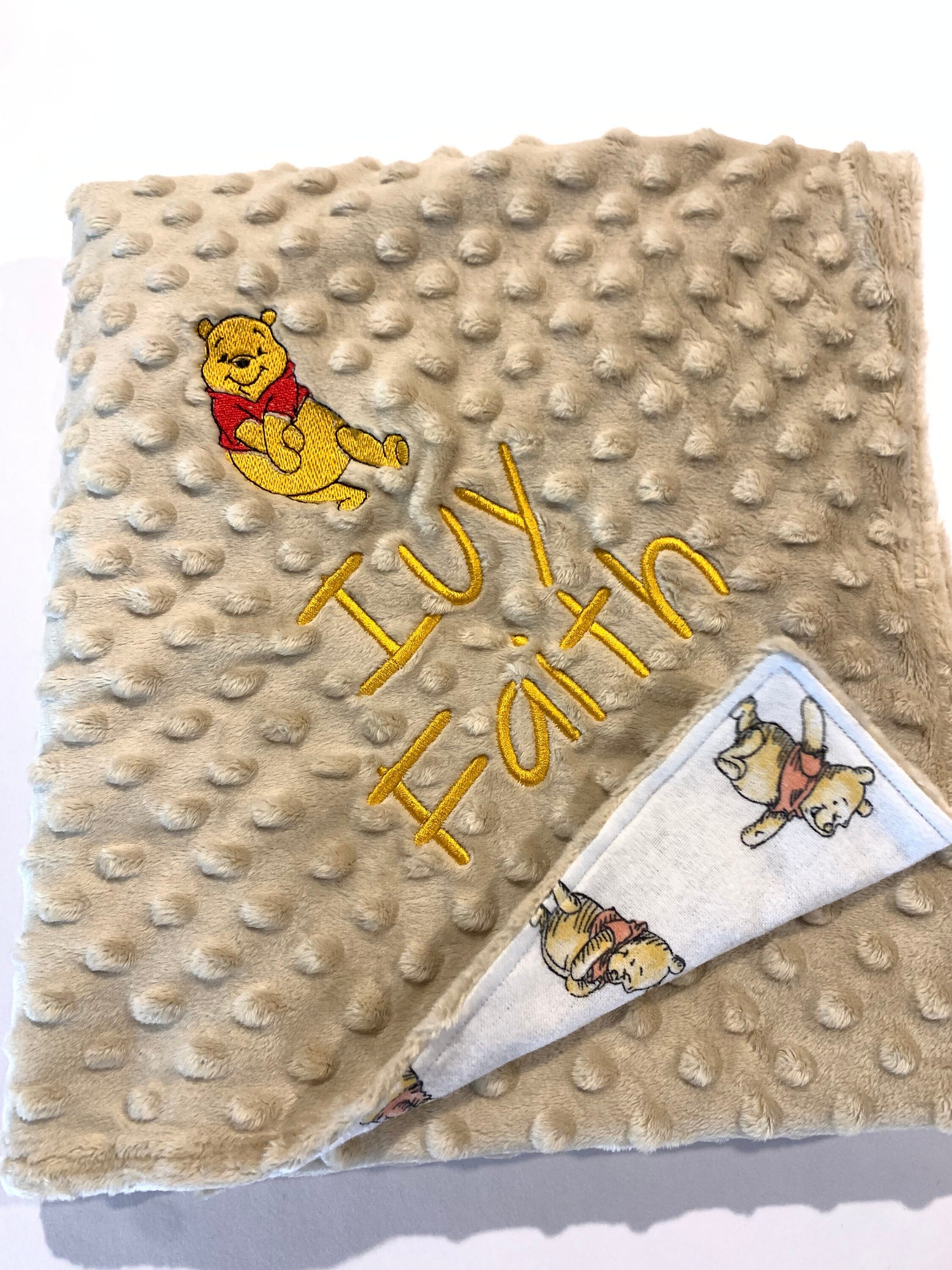 Personalized Baby Blanket made from Winnie the Pooh flannel fabric for boy or girl, minky back nursery bedding with embroidered Winnie