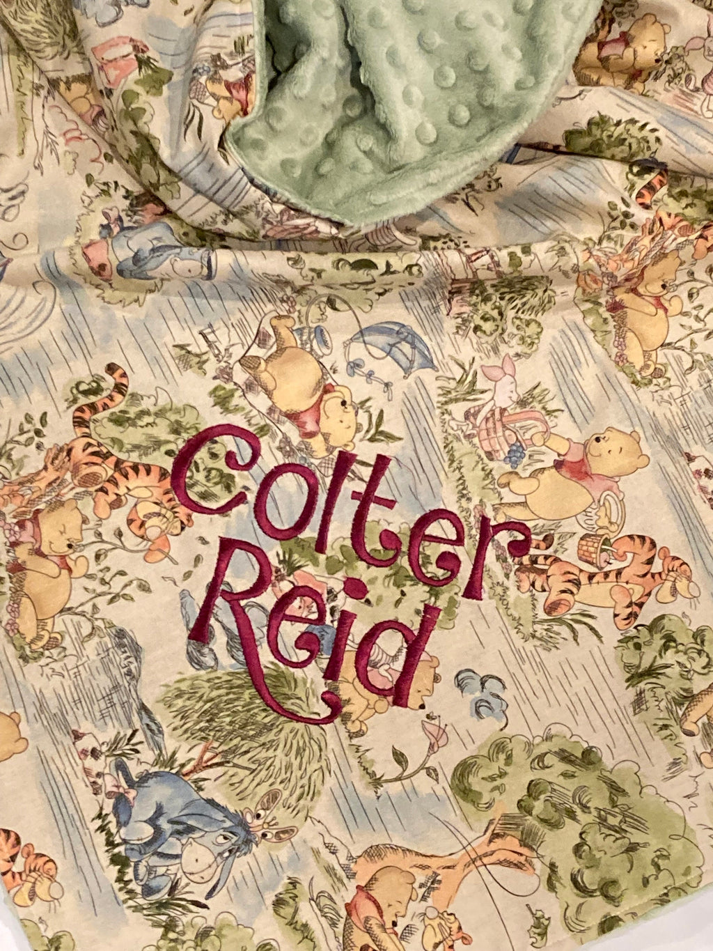 Baby crib Blanket made from Winnie the Pooh fabric with satin binding for girl or boy, personalized  baby gift