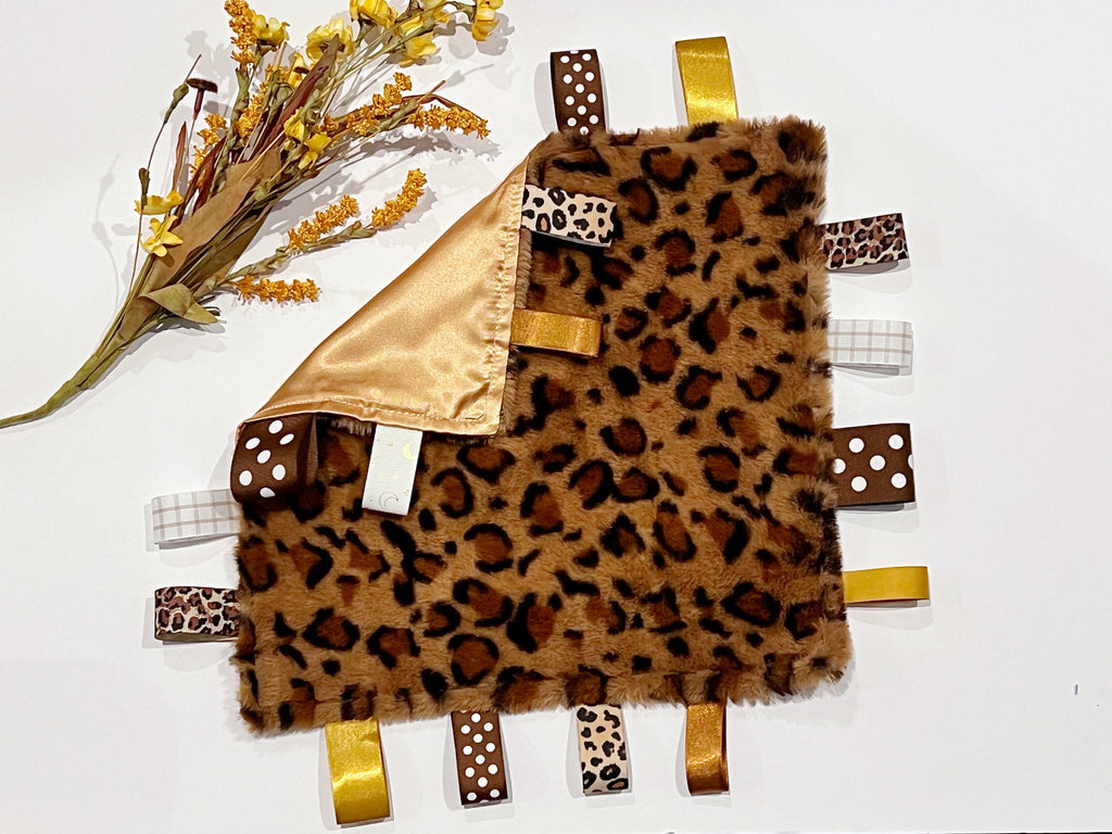 Personalized Leopard Blanket lovey leopard minky and satin and ribbon tag sensory baby gift 12"