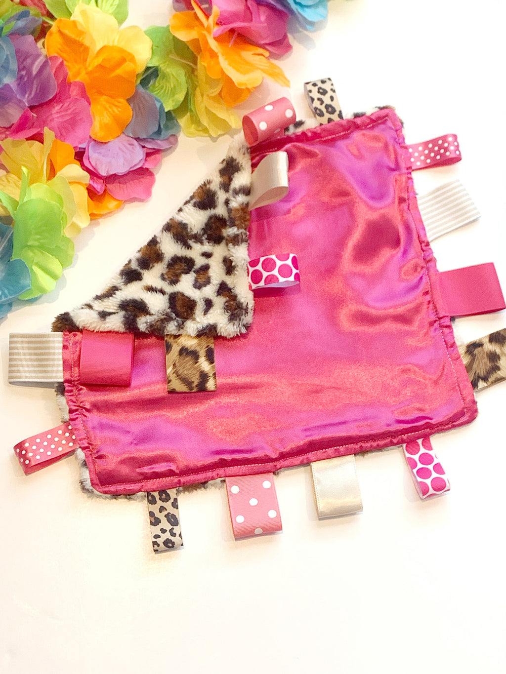 Personalized Leopard Blanket lovey leopard minky and satin and ribbon tag sensory baby gift 12"