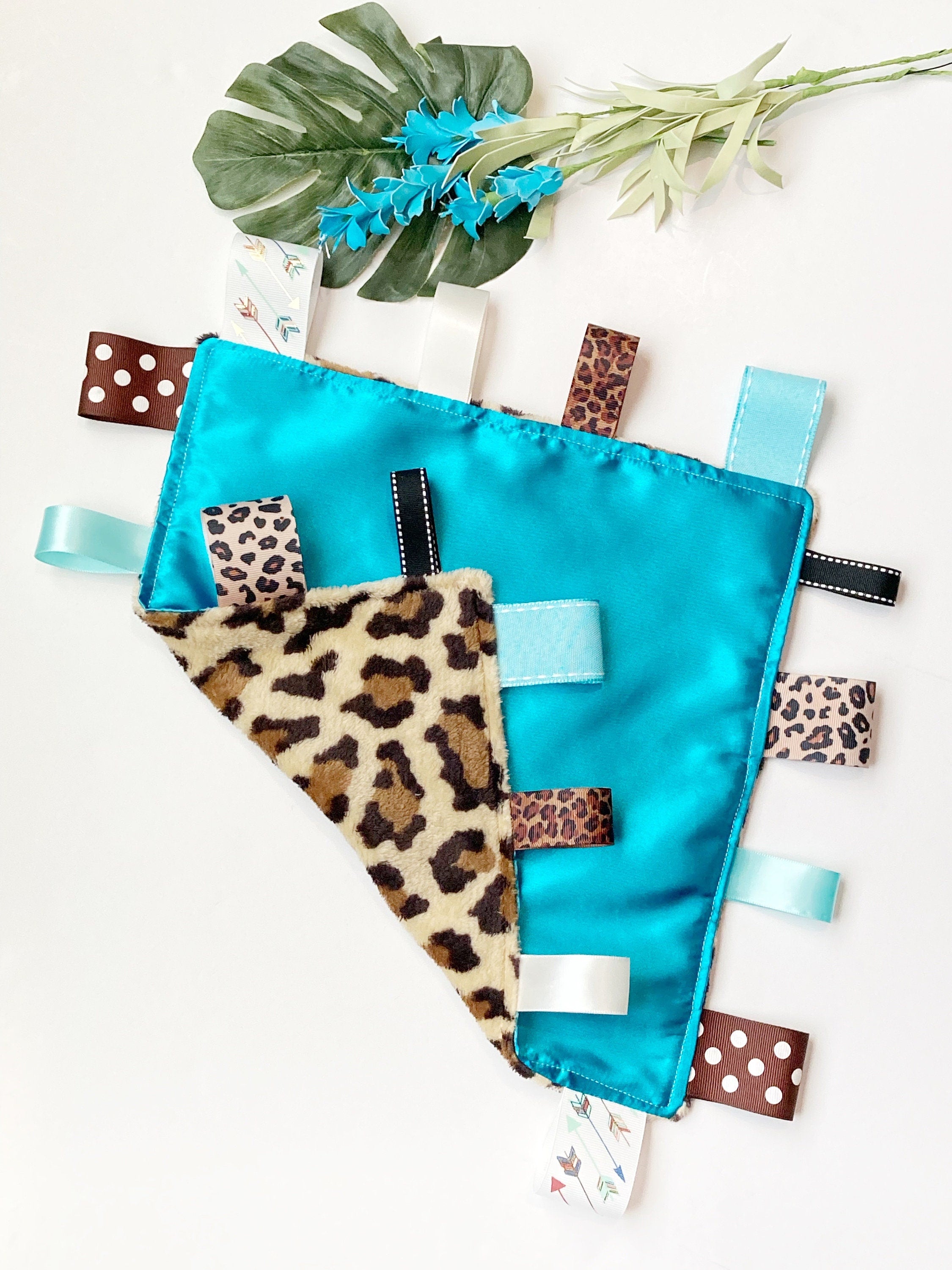 Personalized Leopard Blanket lovey leopard minky and satin and ribbon tag sensory baby gift 12"