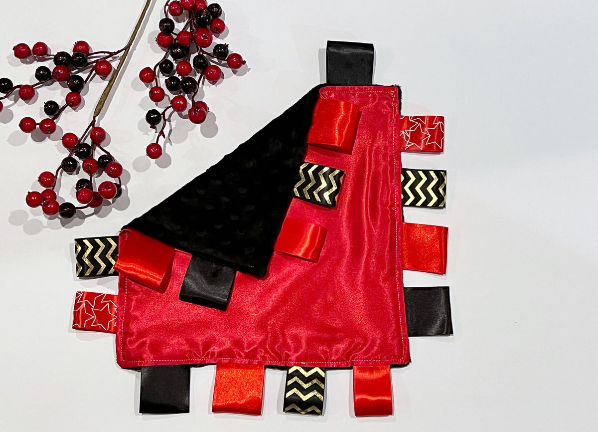 Satin and minky ribbon tag lovey in holiday red and black, personalized sensory toy for baby girl or boy 12" size, more colors