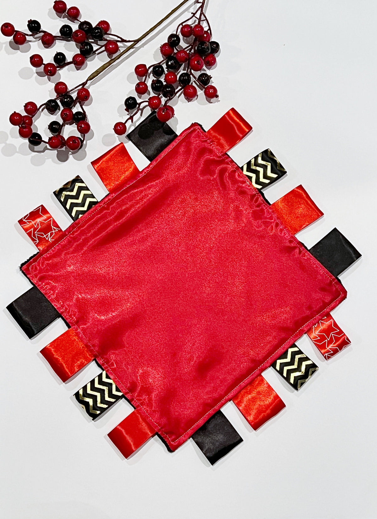 Satin and minky ribbon tag lovey in holiday red and black, personalized sensory toy for baby girl or boy 12" size, more colors