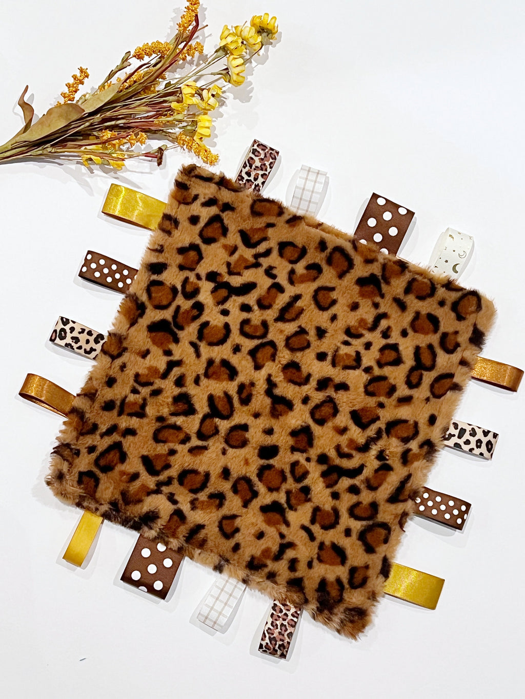 Personalized Leopard Blanket lovey leopard minky and satin and ribbon tag sensory baby gift 12"