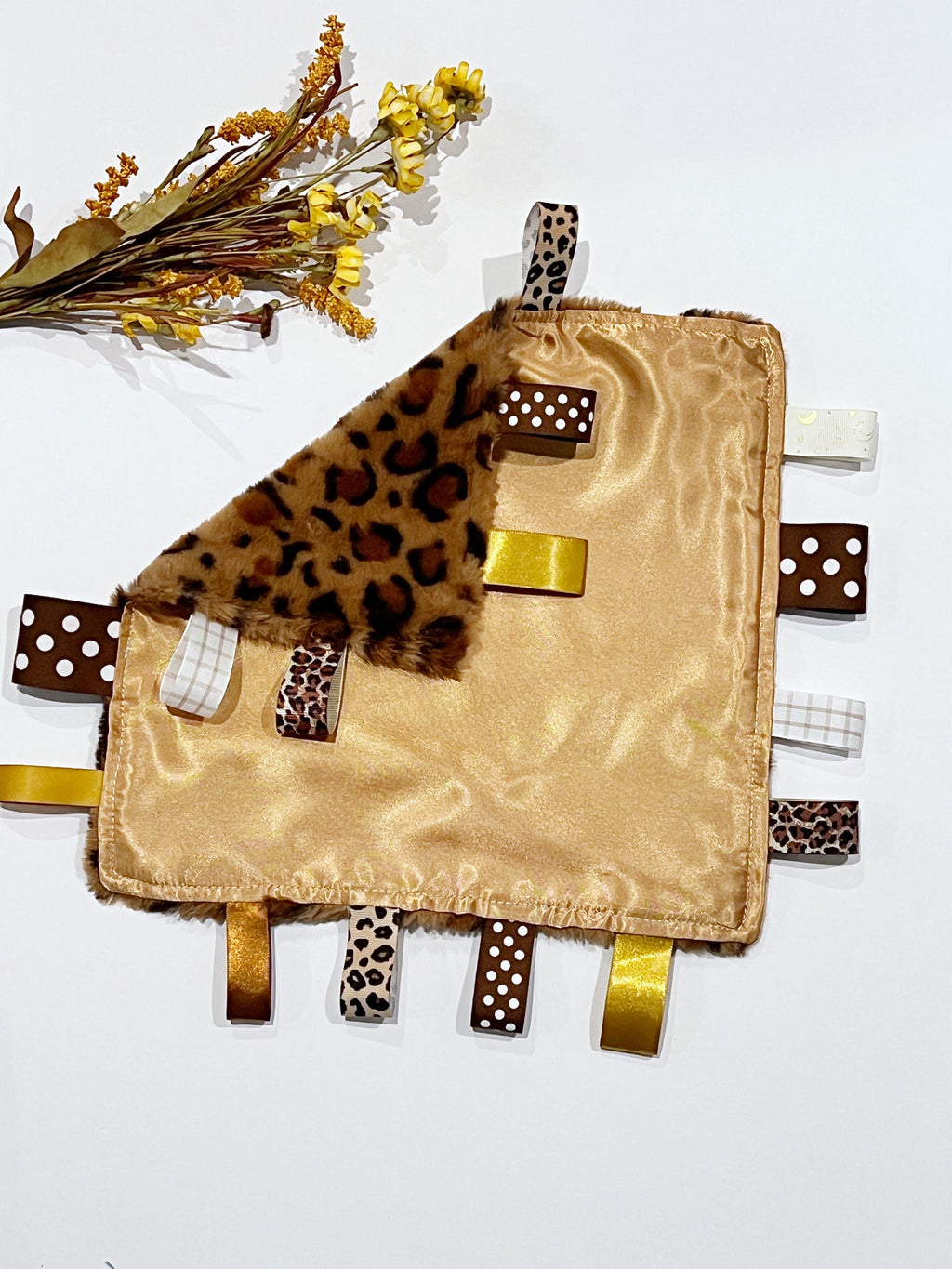 Personalized Leopard Blanket lovey leopard minky and satin and ribbon tag sensory baby gift 12"