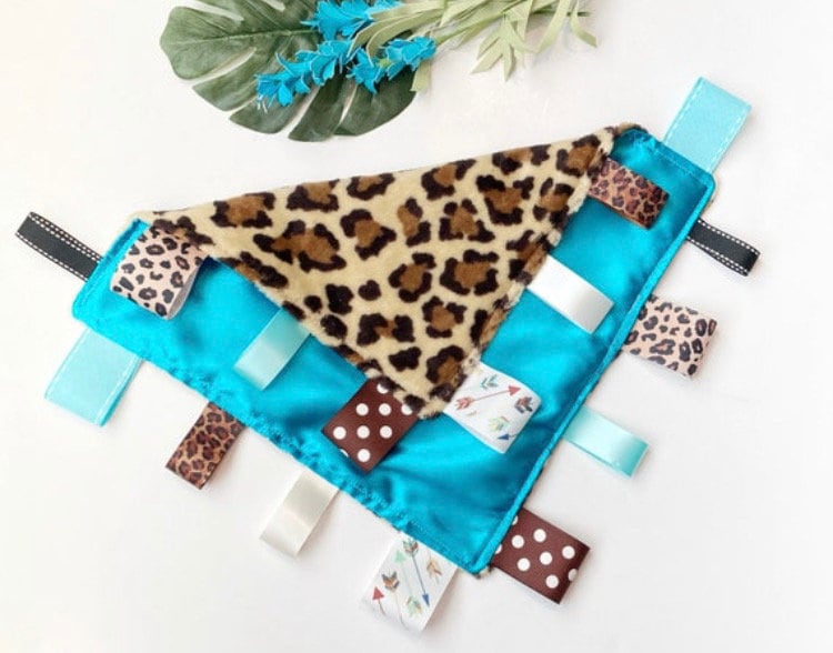 Personalized Leopard Blanket lovey leopard minky and satin and ribbon tag sensory baby gift 12"