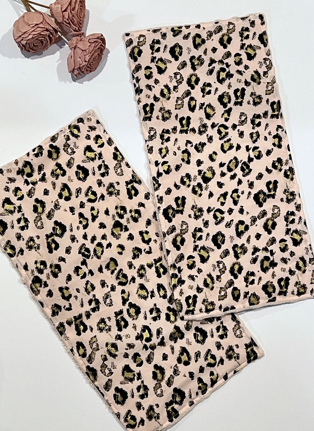 Baby couture fashion toddler Bib and burp cloth in rose gold leopard, exotic animal Cotton print and blush pink minky, baby girl shower gift