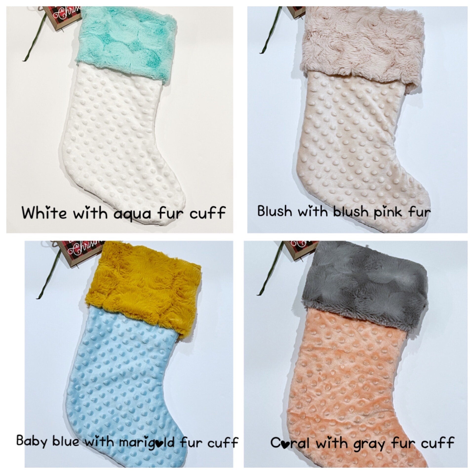 Personalized minky dot Christmas stocking in all colors with minky or fur cuff and fully lined 17”, red white olive blue pink black lavender