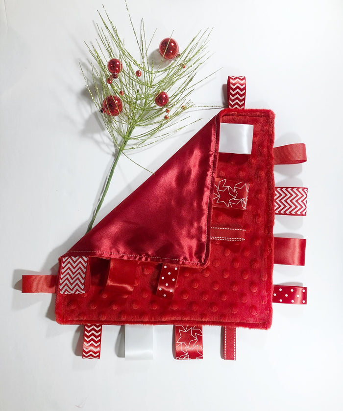 Satin and minky ribbon tag lovey in holiday red and black, personalized sensory toy for baby girl or boy 12" size, more colors