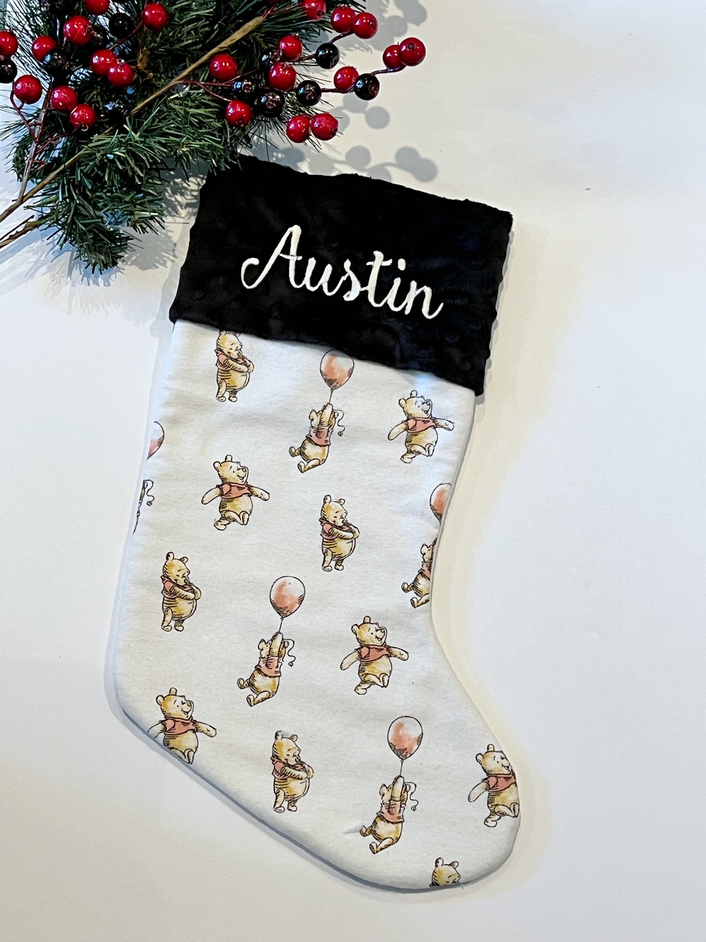 Personalized Christmas stocking baby toddler child made from flannel balloon Winnie the Pooh fabric fully  lined for girl boy, Minky cuff