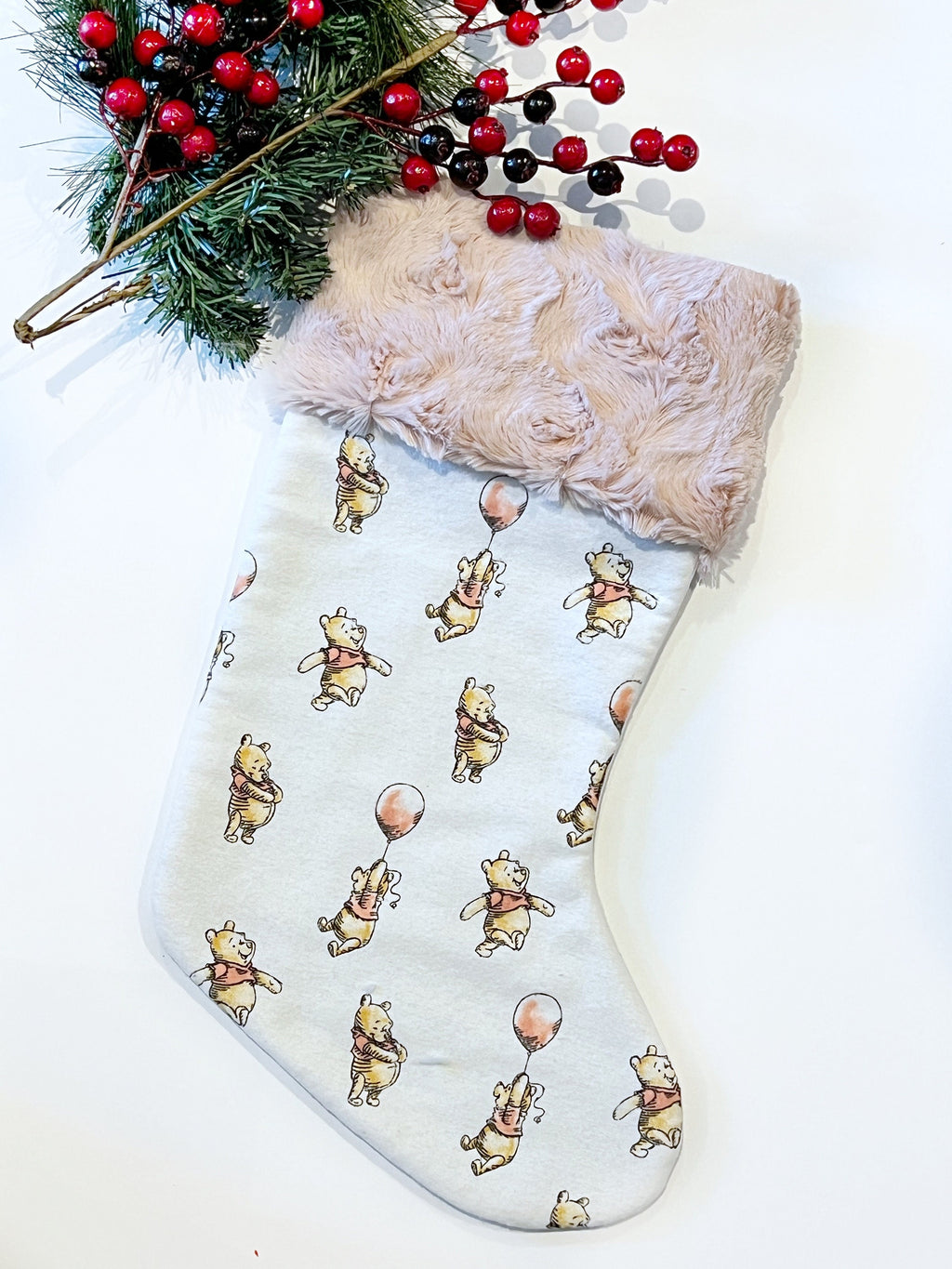 Personalized Christmas stocking baby toddler child made from flannel balloon Winnie the Pooh fabric fully  lined for girl boy, Minky cuff