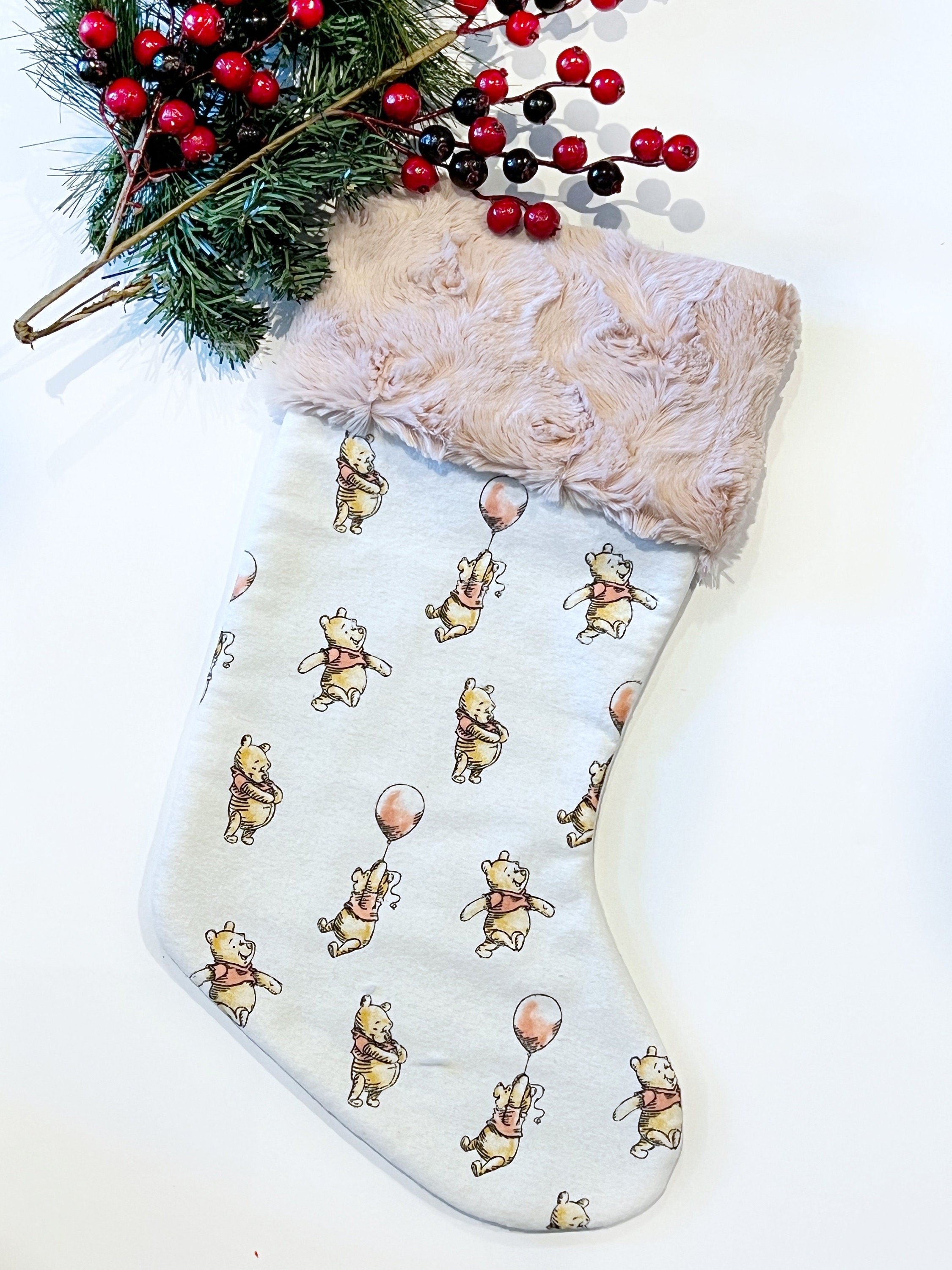 Personalized Christmas stocking baby toddler child made from flannel balloon Winnie the Pooh fabric fully  lined for girl boy, Minky cuff