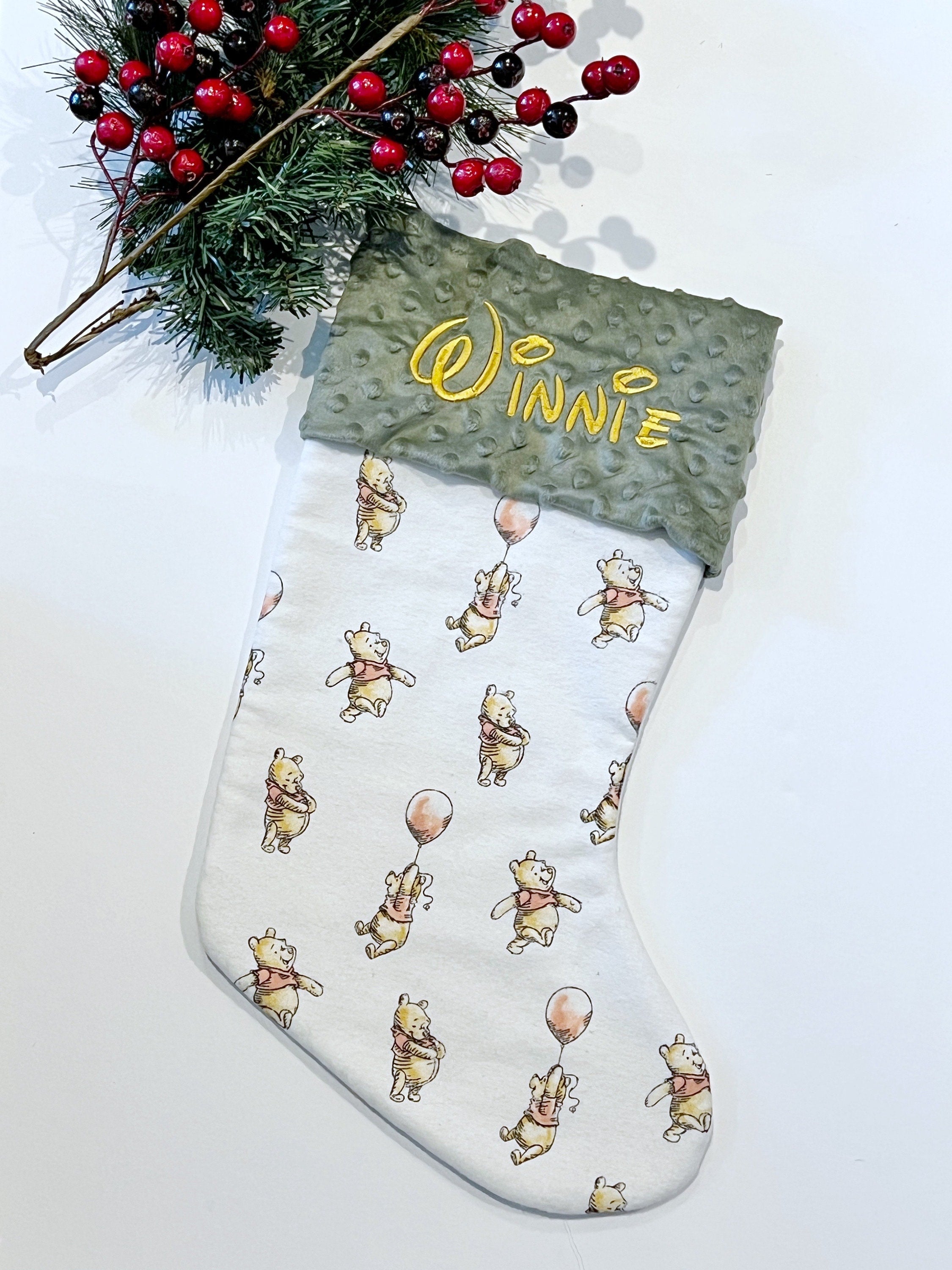 Personalized Christmas stocking baby toddler child made from flannel balloon Winnie the Pooh fabric fully  lined for girl boy, Minky cuff