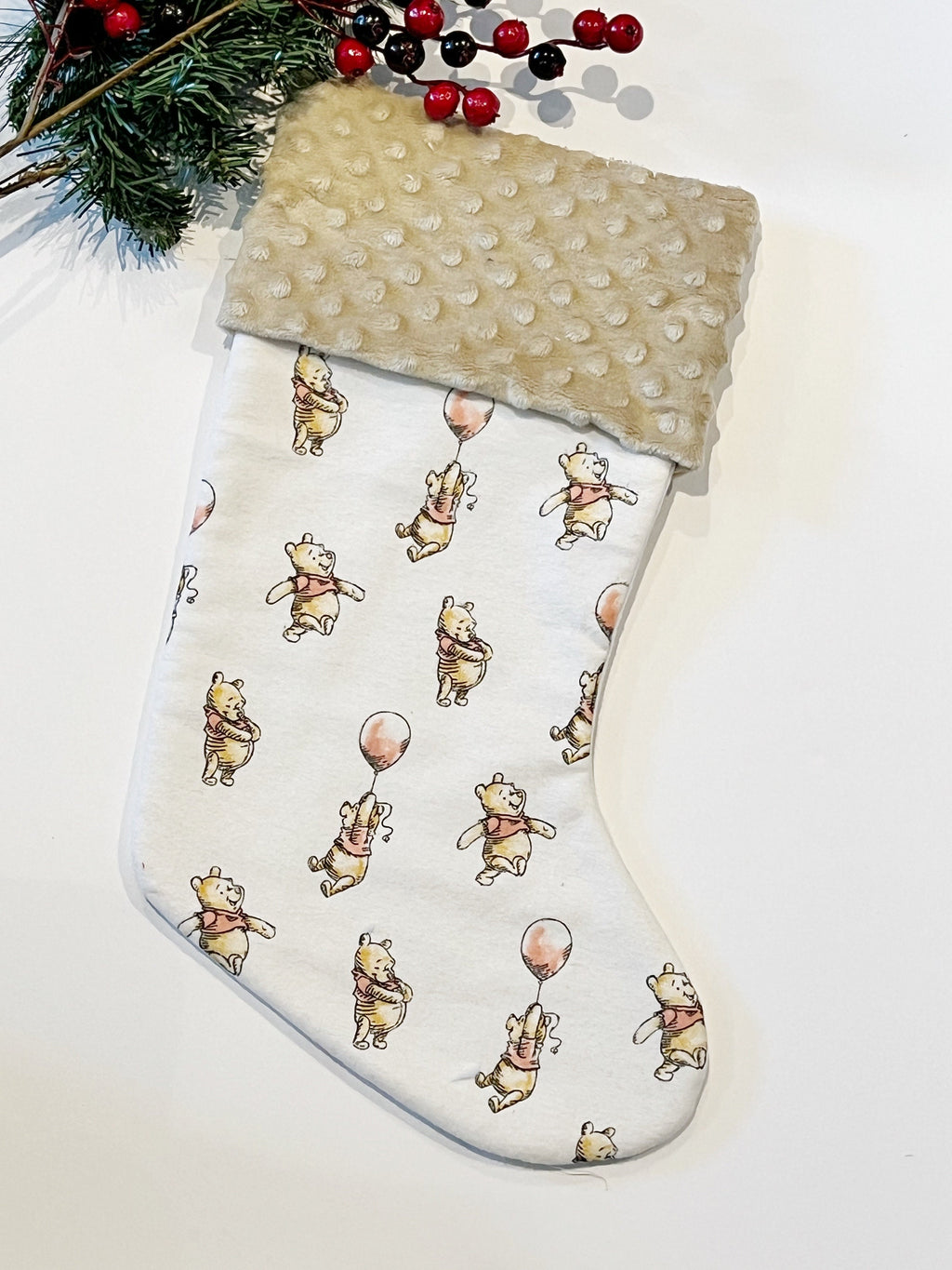Personalized Christmas stocking baby toddler child made from flannel balloon Winnie the Pooh fabric fully  lined for girl boy, Minky cuff