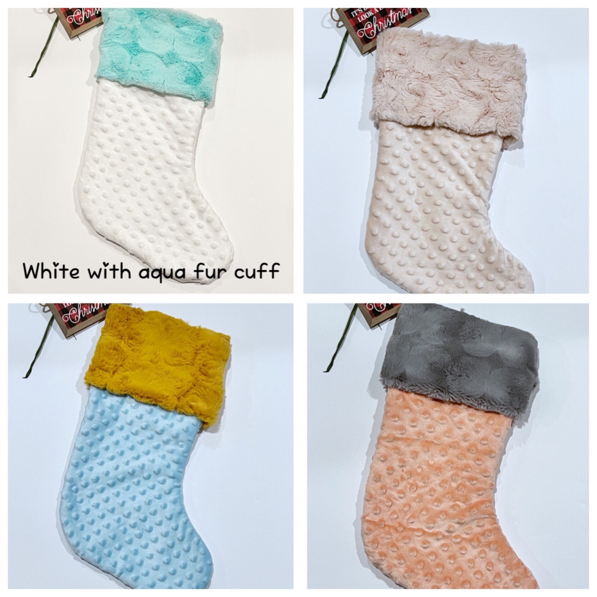 Personalized minky dot Christmas stocking in all colors with minky or fur cuff and fully lined 17”, red white olive blue pink black lavender