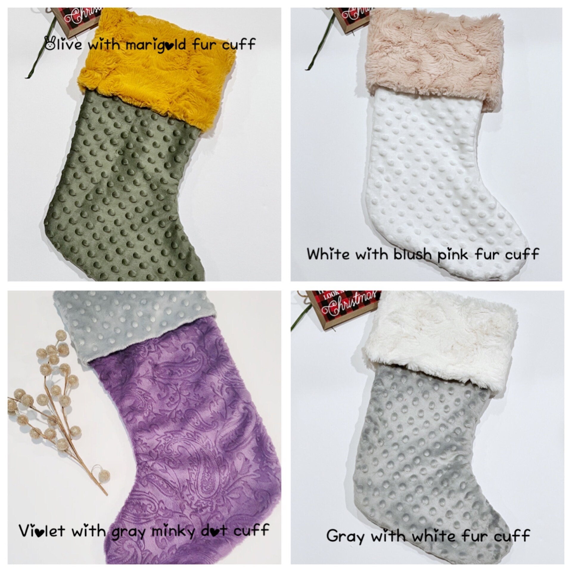 Personalized minky dot Christmas stocking in all colors with minky or fur cuff and fully lined 17”, red white olive blue pink black lavender