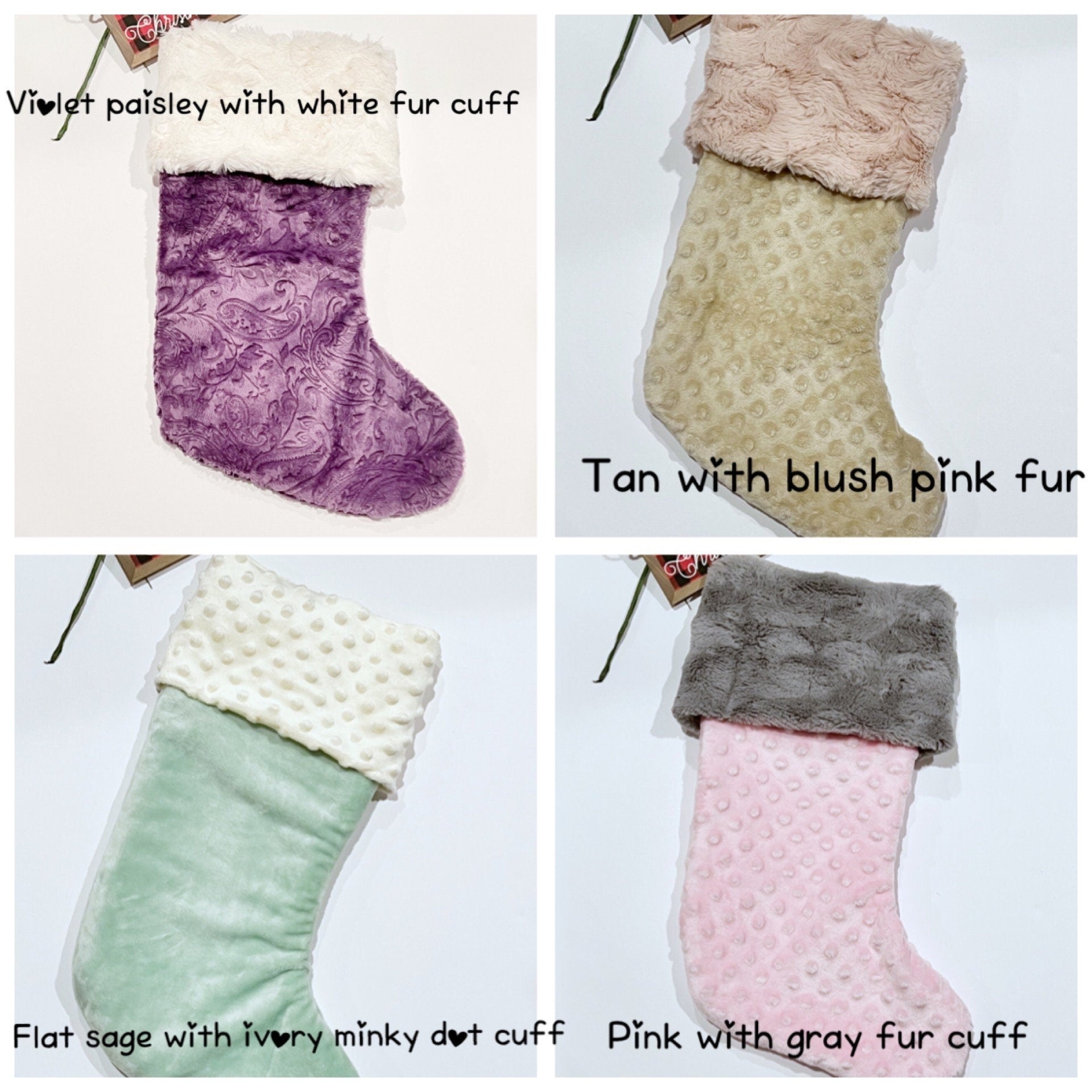 Personalized minky dot Christmas stocking in all colors with minky or fur cuff and fully lined 17”, red white olive blue pink black lavender
