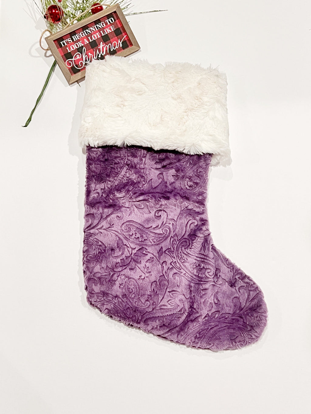 Personalized minky dot Christmas stocking in all colors with minky or fur cuff and fully lined 17”, red white olive blue pink black lavender