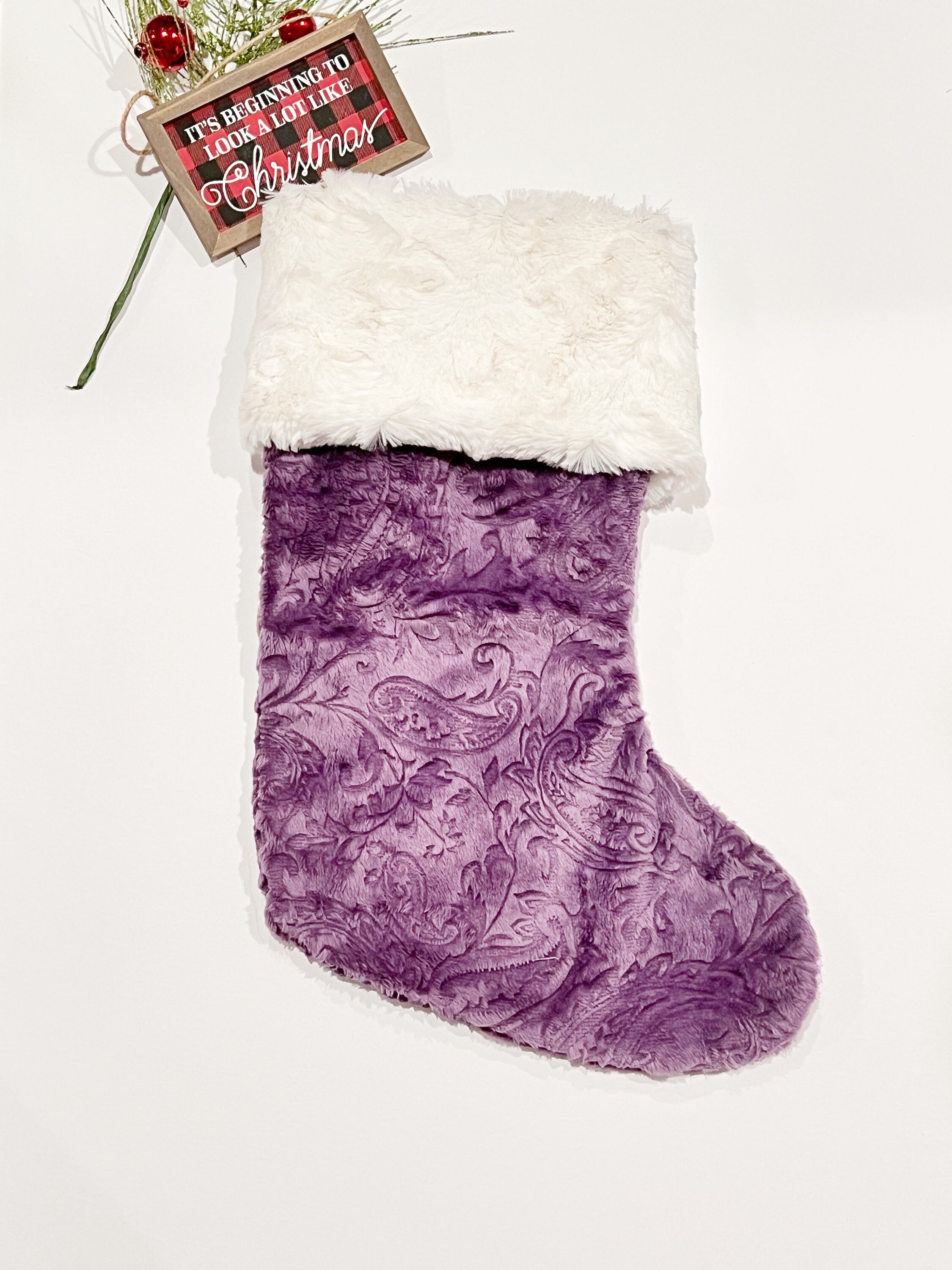 Personalized minky dot Christmas stocking in all colors with minky or fur cuff and fully lined 17”, red white olive blue pink black lavender