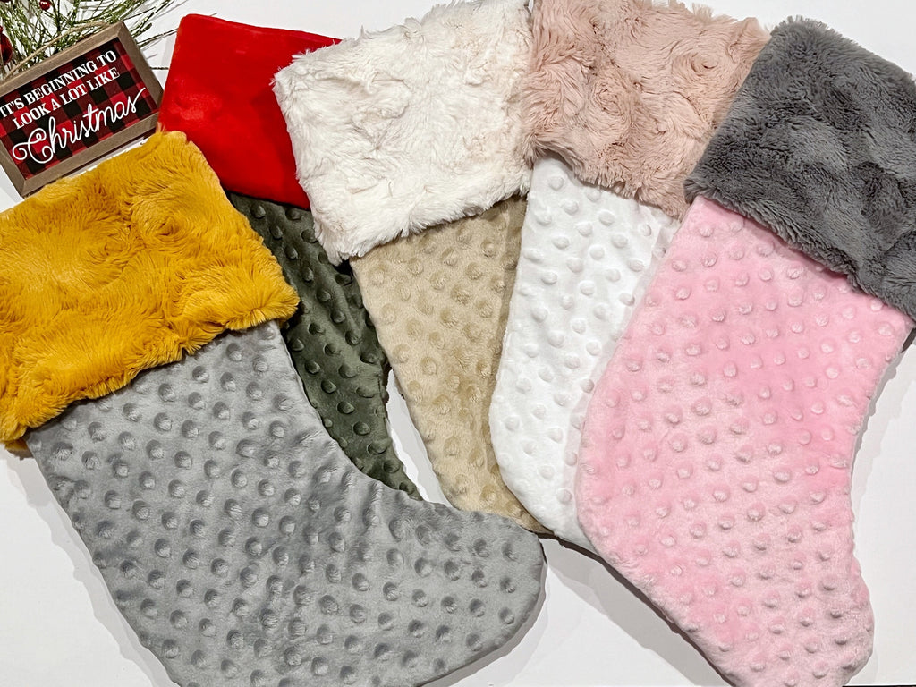 Personalized minky dot Christmas stocking in all colors with minky or fur cuff and fully lined 17”, red white olive blue pink black lavender