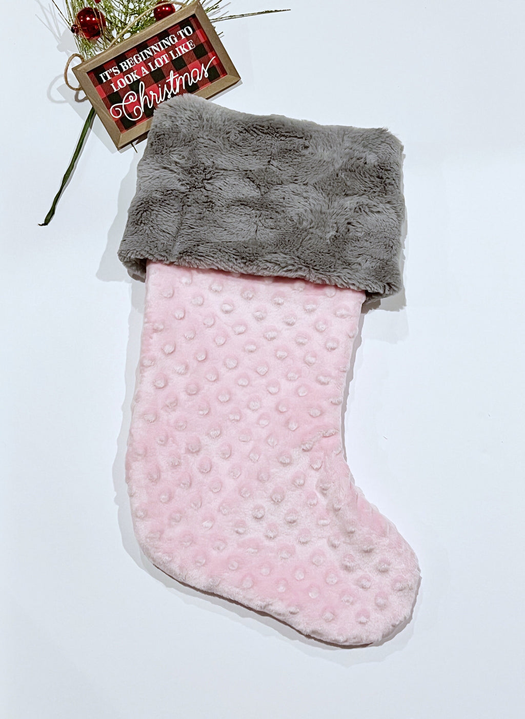 Personalized minky dot Christmas stocking in all colors with minky or fur cuff and fully lined 17”, red white olive blue pink black lavender