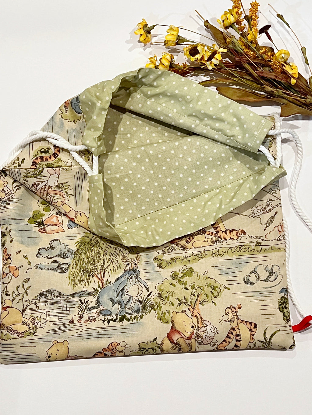 Drawstring backpack bag made from Winnie the Pooh fabric, convenient sturdy baby toddler carry all bag for mom, baby, school age 15” x 13.5”