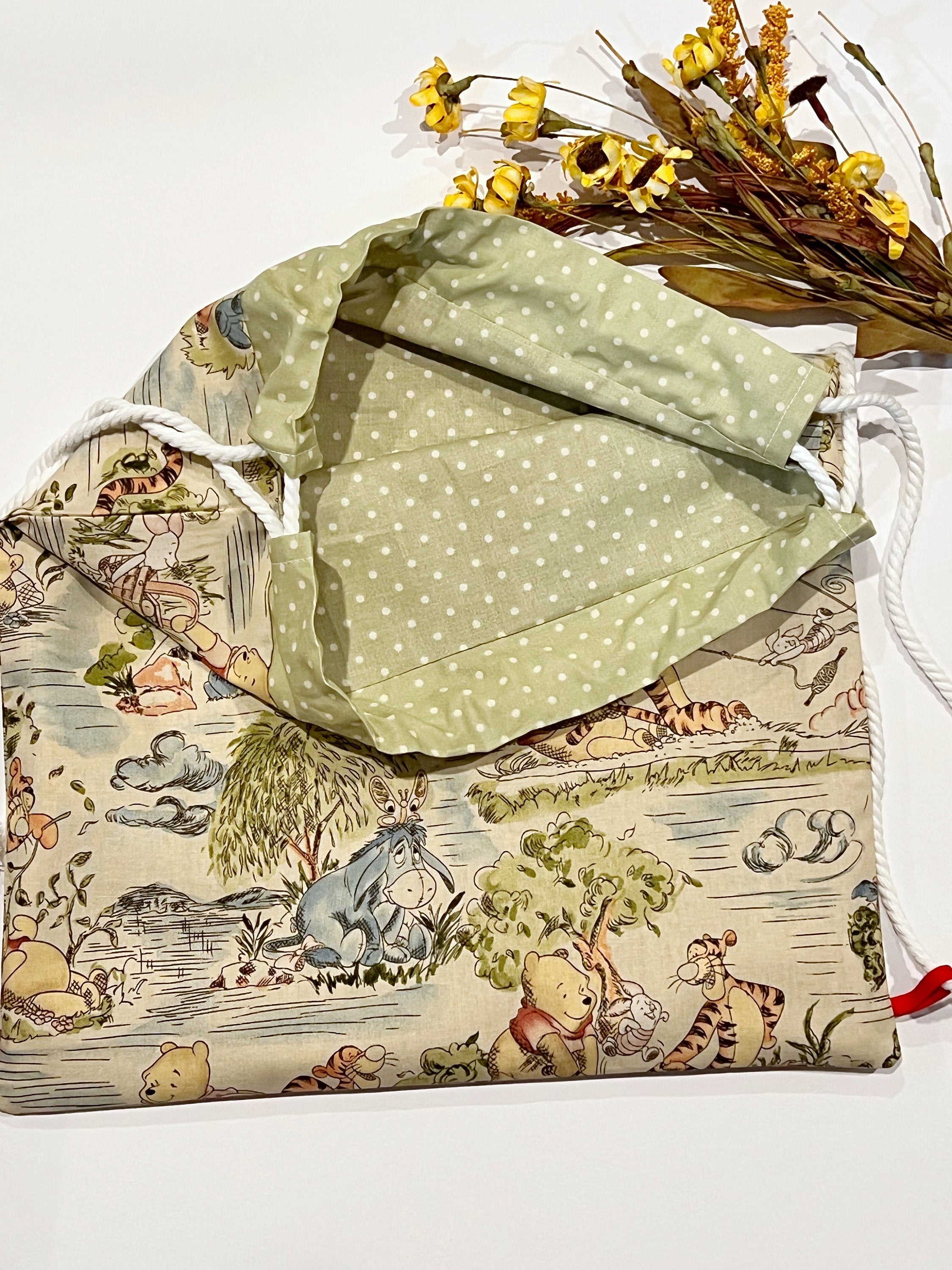 Drawstring backpack bag made from Winnie the Pooh fabric, convenient sturdy baby toddler carry all bag for mom, baby, school age 15” x 13.5”