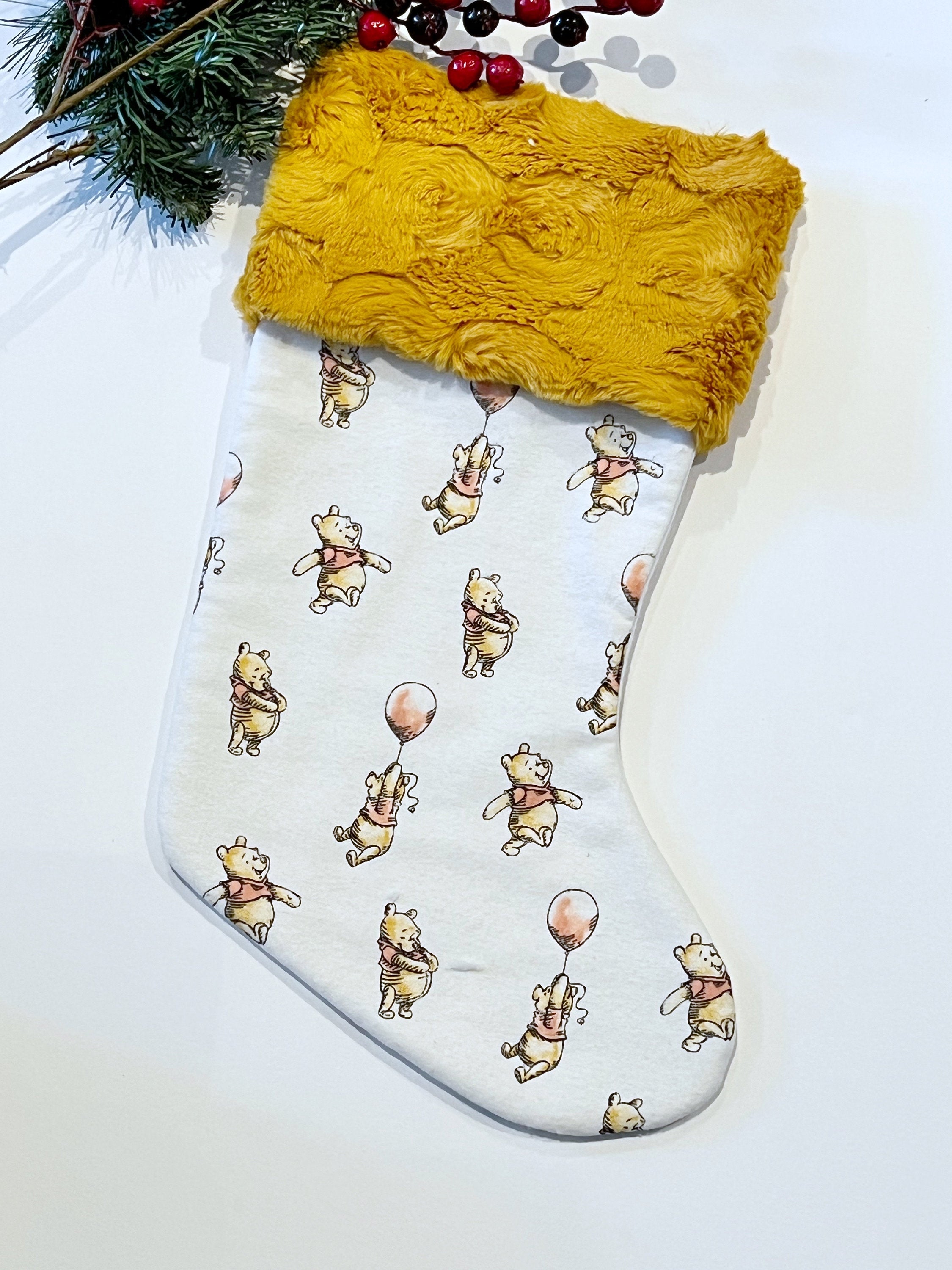 Personalized Christmas stocking baby toddler child made from flannel balloon Winnie the Pooh fabric fully  lined for girl boy, Minky cuff