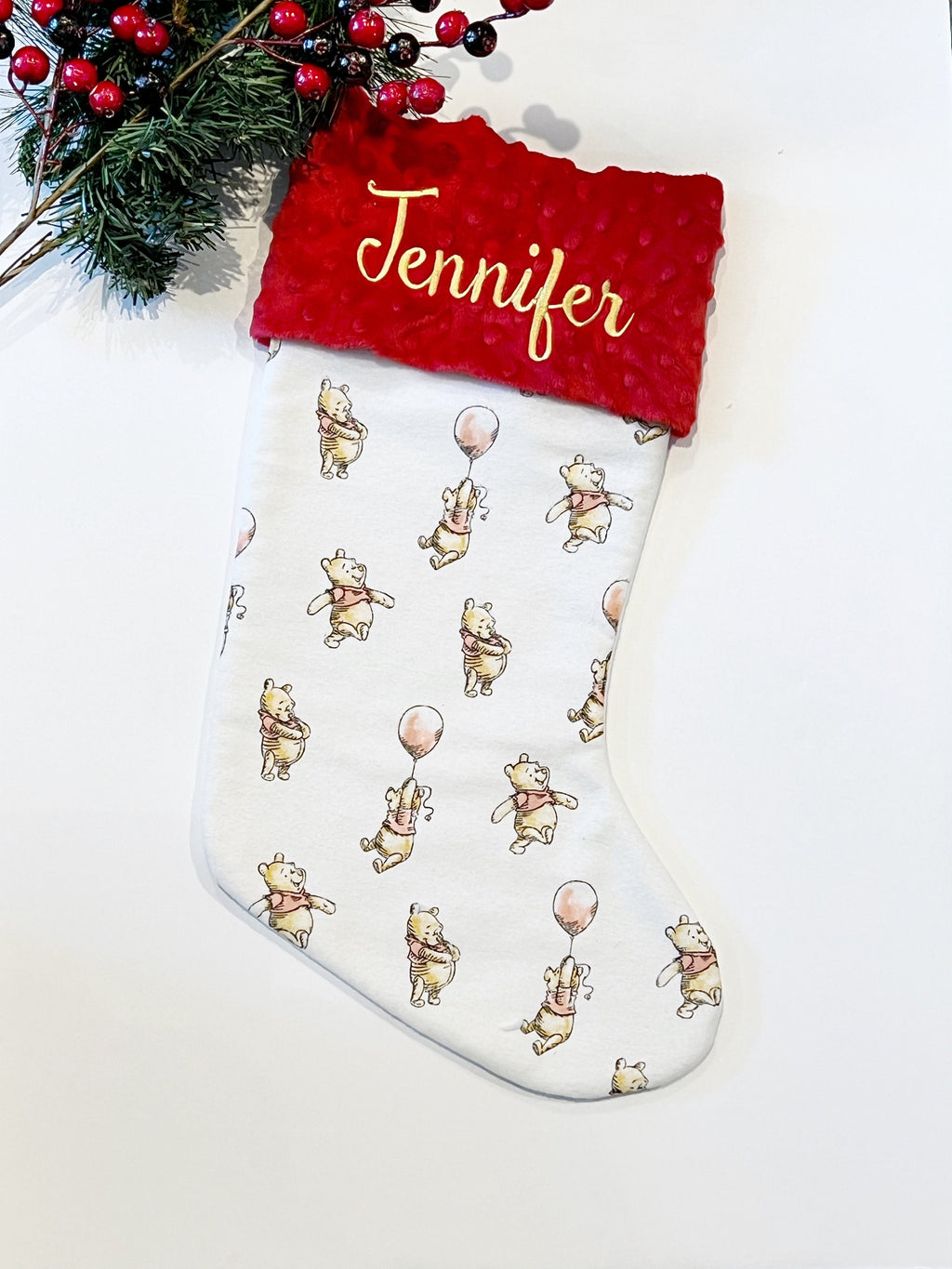 Personalized Christmas stocking baby toddler child made from flannel balloon Winnie the Pooh fabric fully  lined for girl boy, Minky cuff