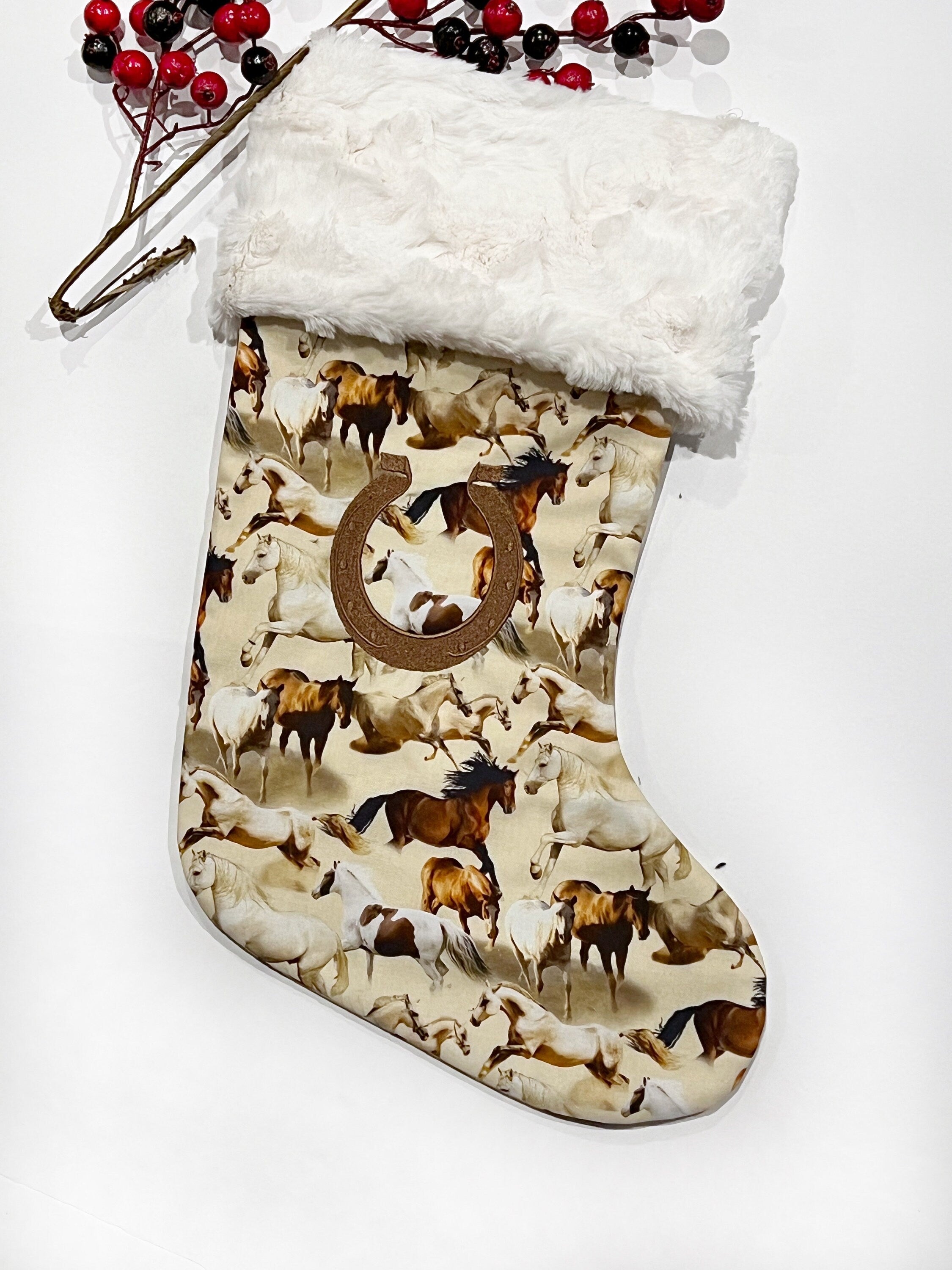 Horse Pony Christmas stocking in neutral horse print with cuff of choice, personalized stocking fully lined, embroidered horseshoe, 18”