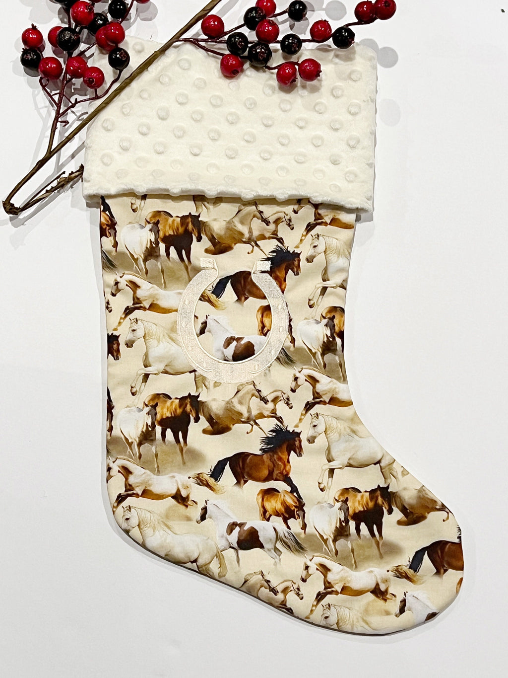 Horse Pony Christmas stocking in neutral horse print with cuff of choice, personalized stocking fully lined, embroidered horseshoe, 18”