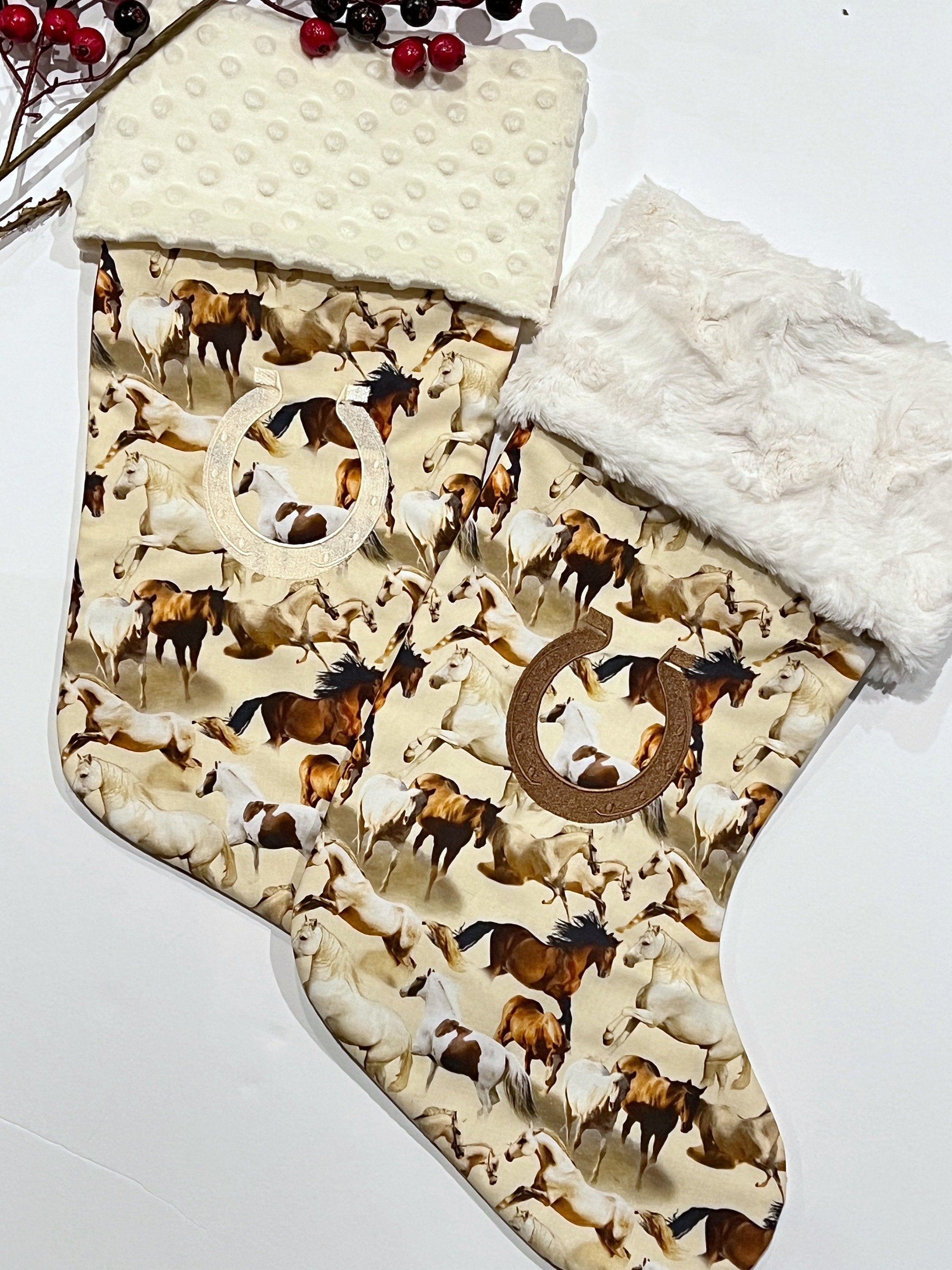 Horse Pony Christmas stocking in neutral horse print with cuff of choice, personalized stocking fully lined, embroidered horseshoe, 18”