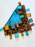 Personalized Leopard Blanket lovey leopard minky and satin and ribbon tag sensory baby gift 12"