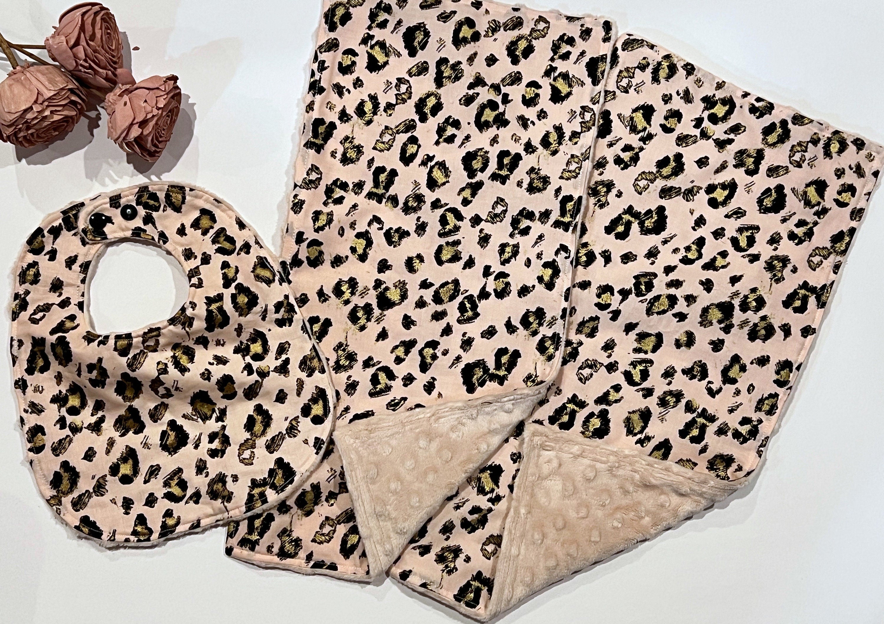 Pink leopard gold baby to toddler Bib & burp cloth set made in leopard cotton print with minky back, personalized baby shower gift