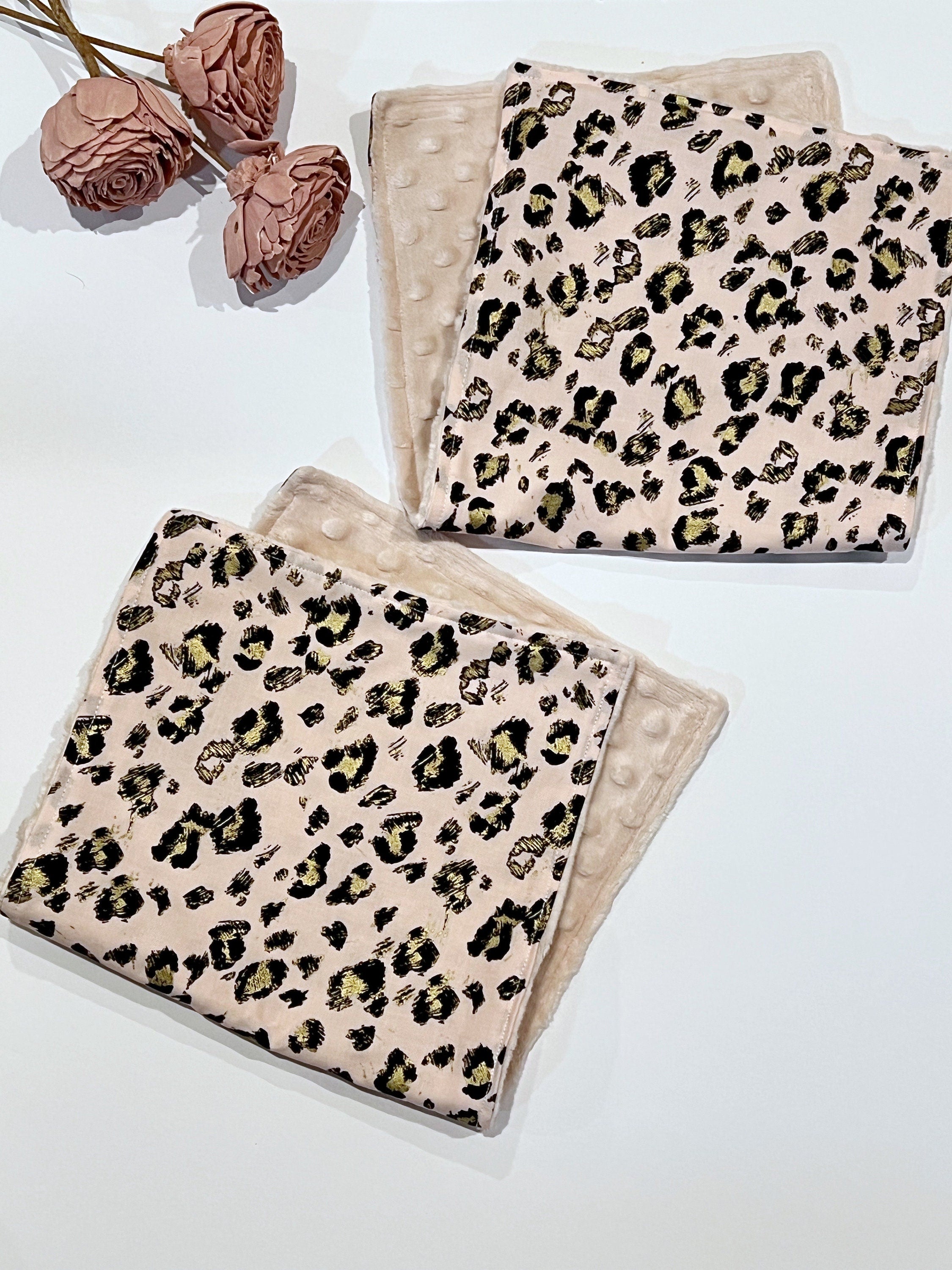 Pink leopard gold baby to toddler Bib & burp cloth set made in leopard cotton print with minky back, personalized baby shower gift