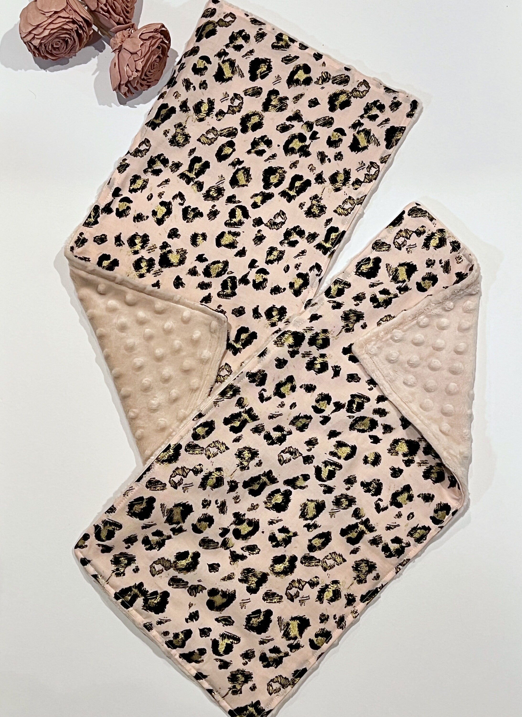 Pink leopard gold baby to toddler Bib & burp cloth set made in leopard cotton print with minky back, personalized baby shower gift