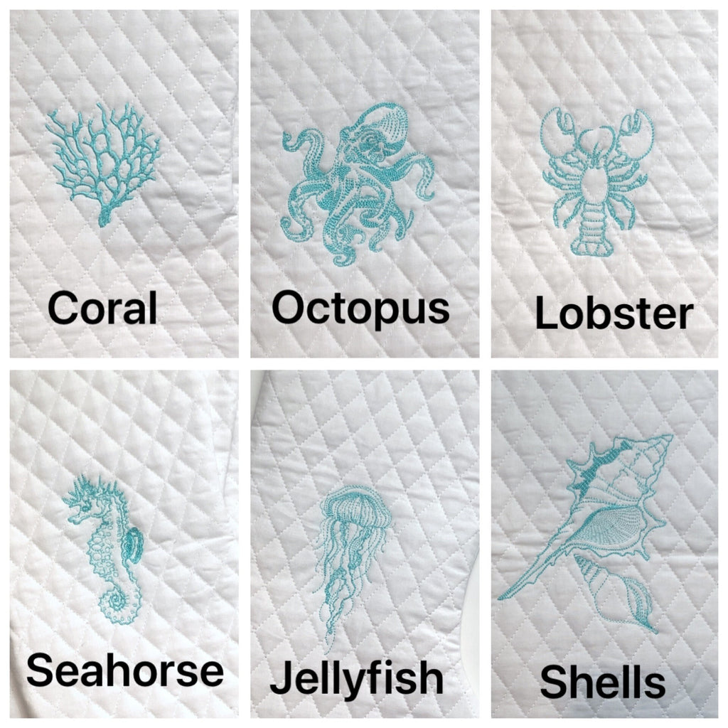 Ocean sea life themed Christmas stocking with minky fur cuff in quilted fabric, personalized, decorative embroidery and fully lined 18”