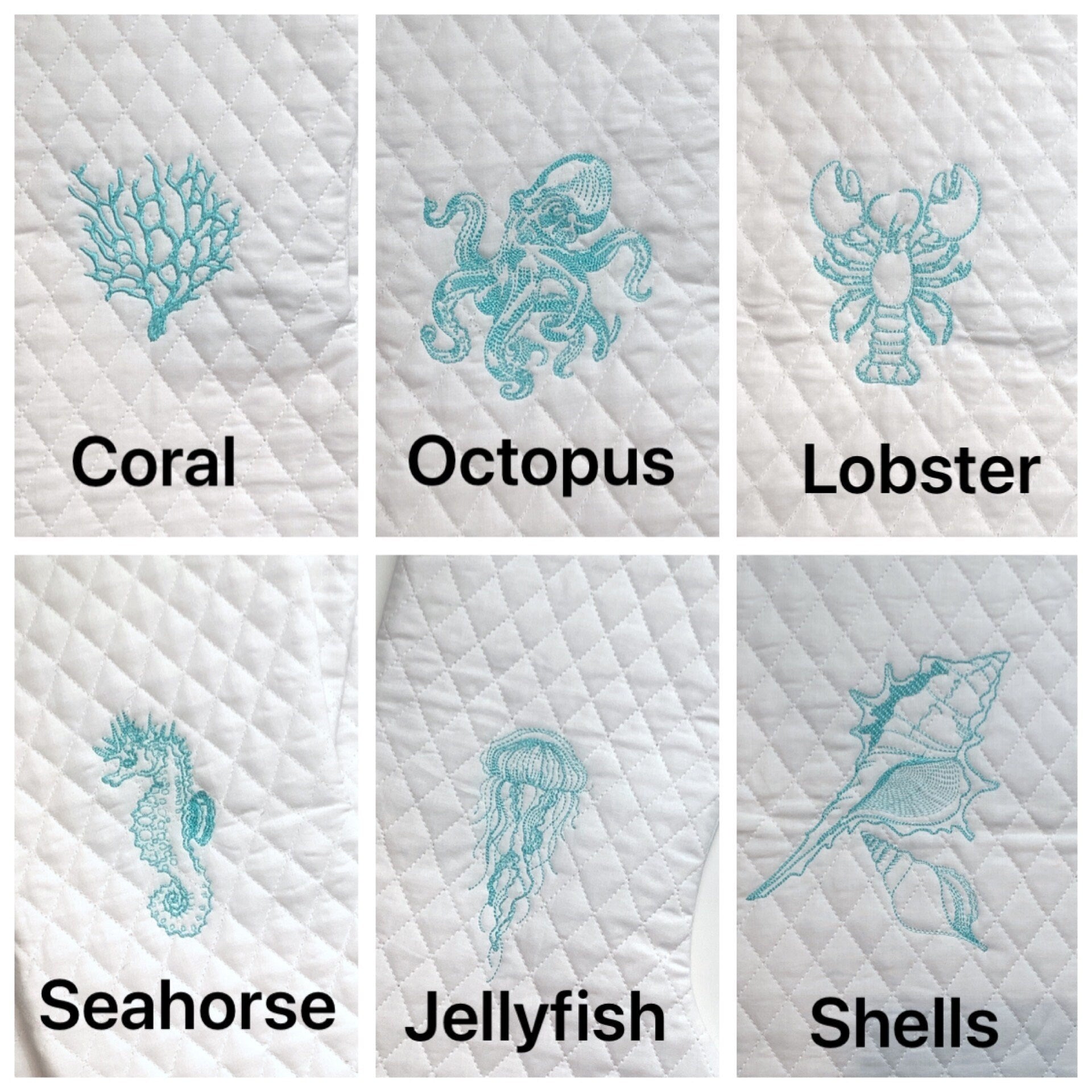 Ocean sea life themed Christmas stocking with minky fur cuff in quilted fabric, personalized, decorative embroidery and fully lined 18”