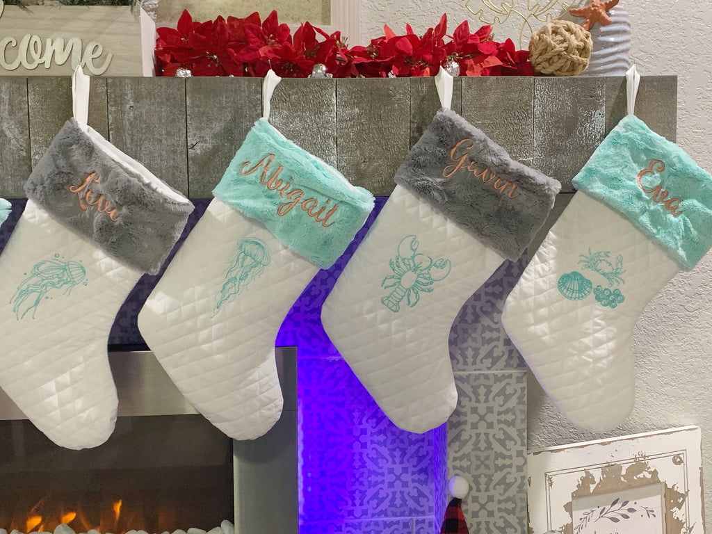 Ocean sea life themed Christmas stocking with minky fur cuff in quilted fabric, personalized, decorative embroidery and fully lined 18”