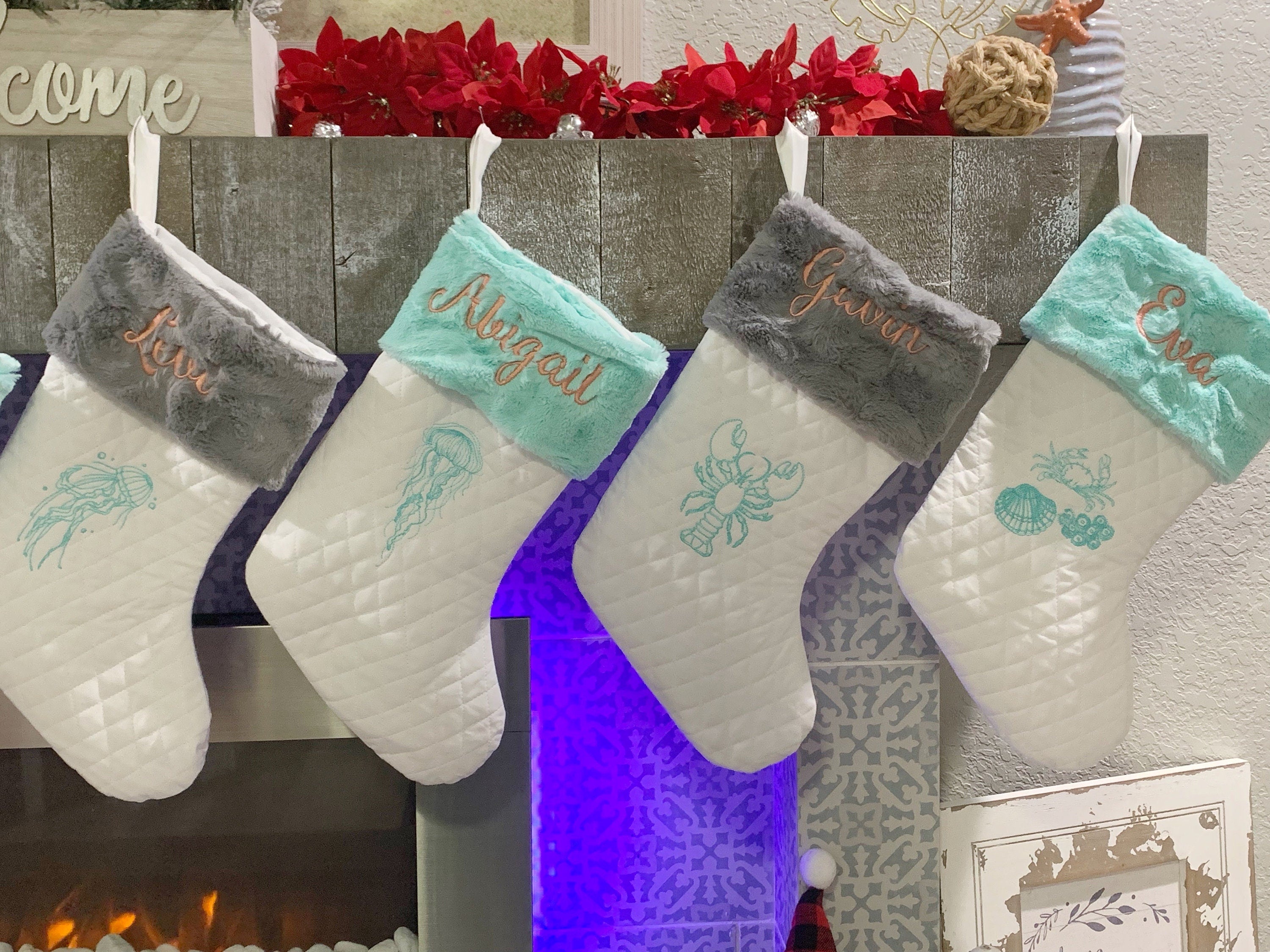 Ocean sea life themed Christmas stocking with minky fur cuff in quilted fabric, personalized, decorative embroidery and fully lined 18”