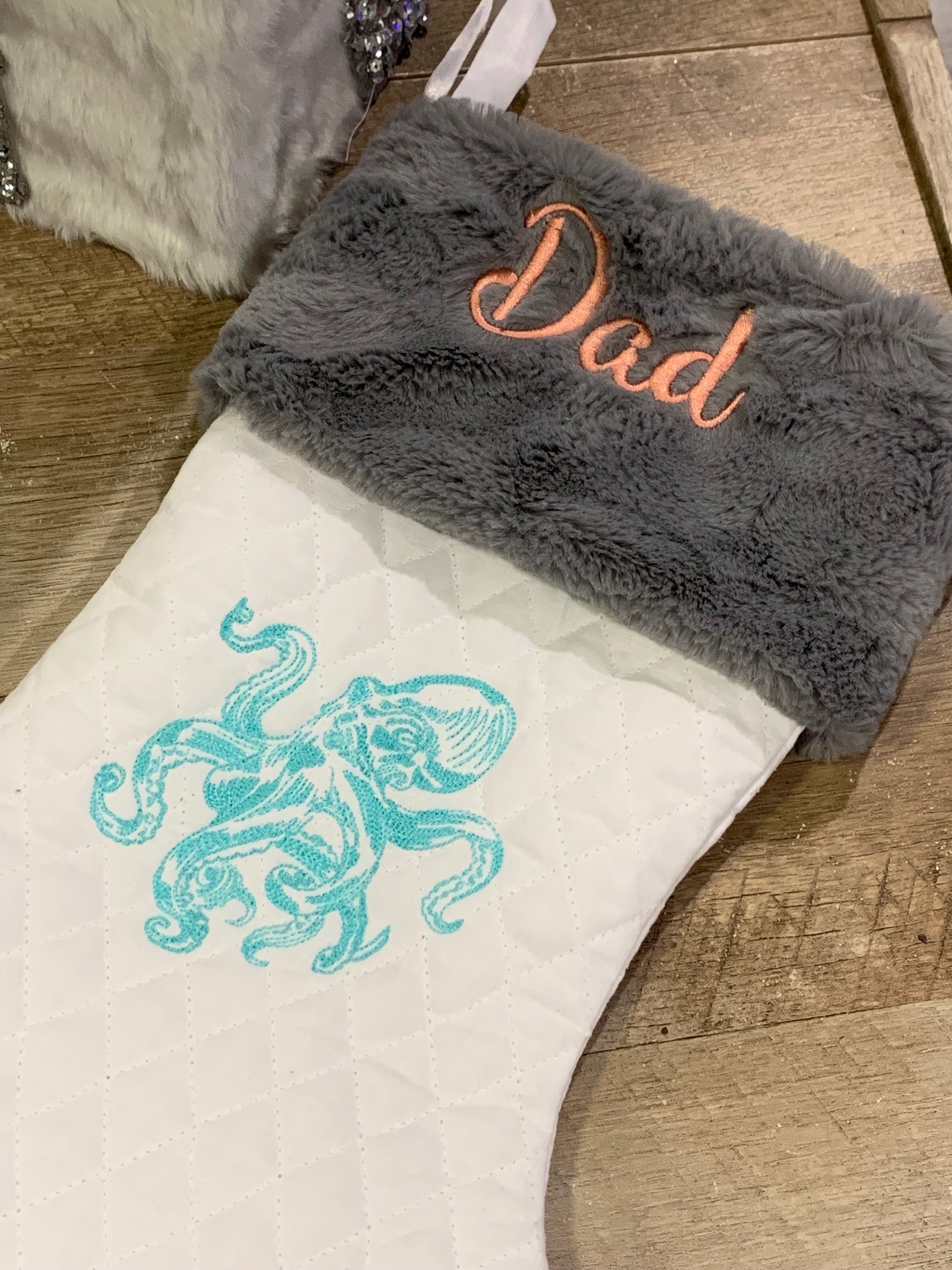 Ocean sea life themed Christmas stocking with minky fur cuff in quilted fabric, personalized, decorative embroidery and fully lined 18”