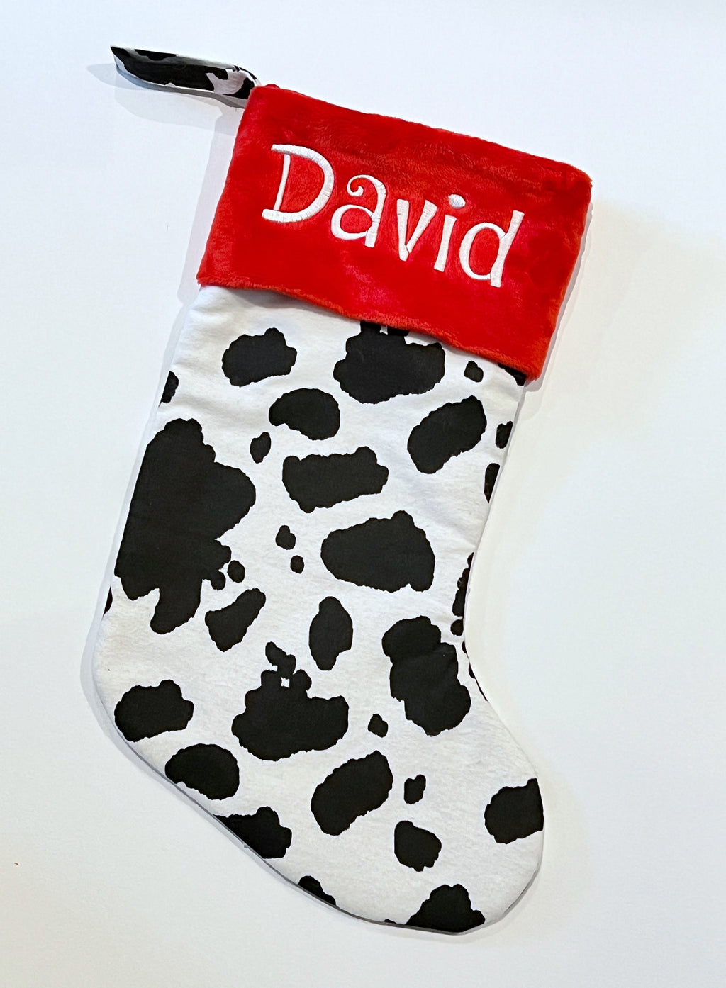 Personalized Christmas stocking in flannel cow spot print fabric, fully lined with minky dot cuff, 18” length, unique stocking, choose cuff