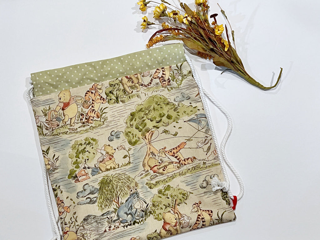 Drawstring backpack bag made from Winnie the Pooh fabric, convenient sturdy baby toddler carry all bag for mom, baby, school age 15” x 13.5”