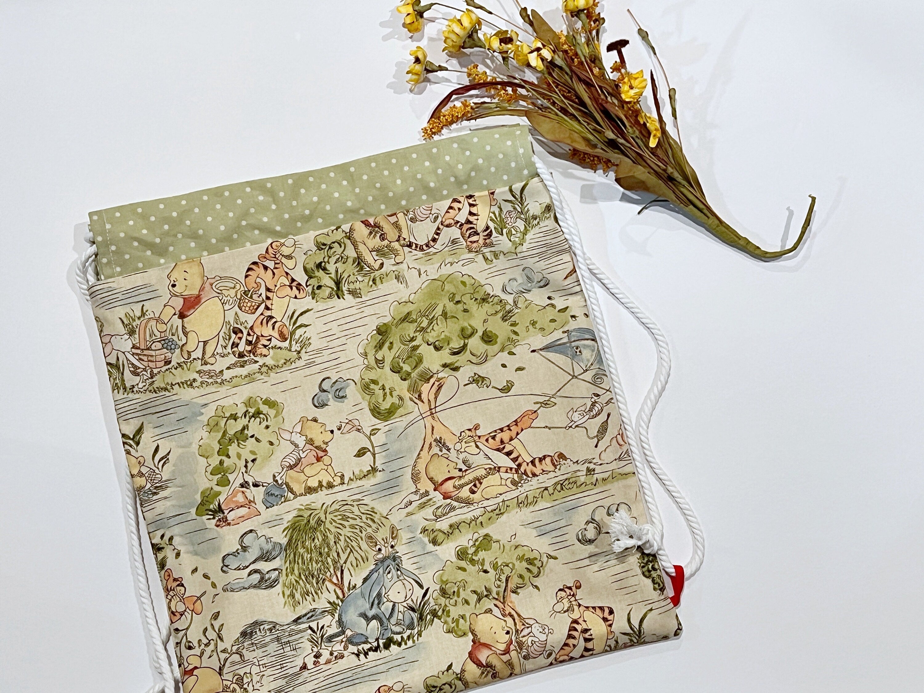 Drawstring backpack bag made from Winnie the Pooh fabric, convenient sturdy baby toddler carry all bag for mom, baby, school age 15” x 13.5”