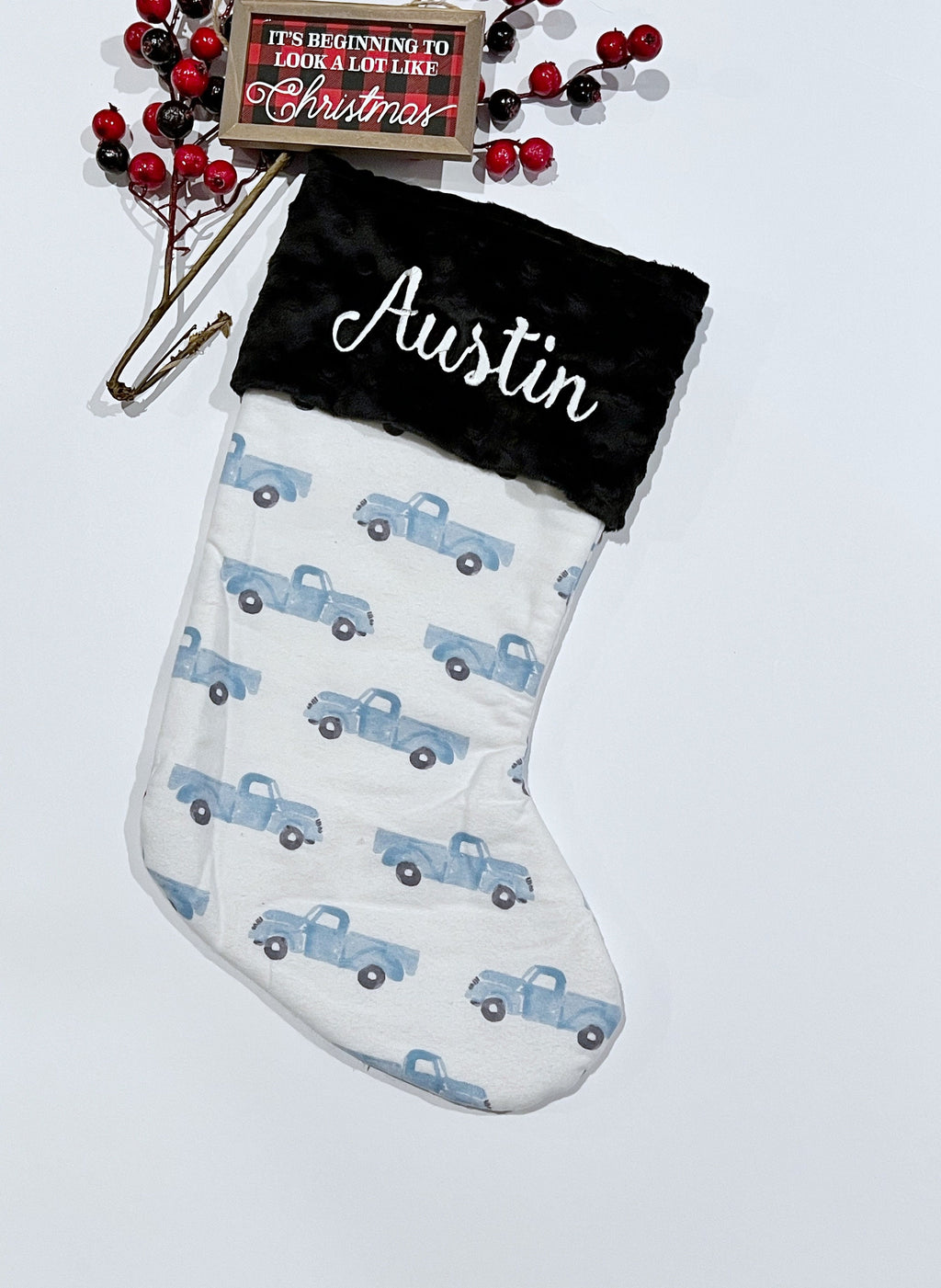 Personalized Christmas stocking for child to adult, antique old blue truck, flannel and fur or minky cuff fully lined