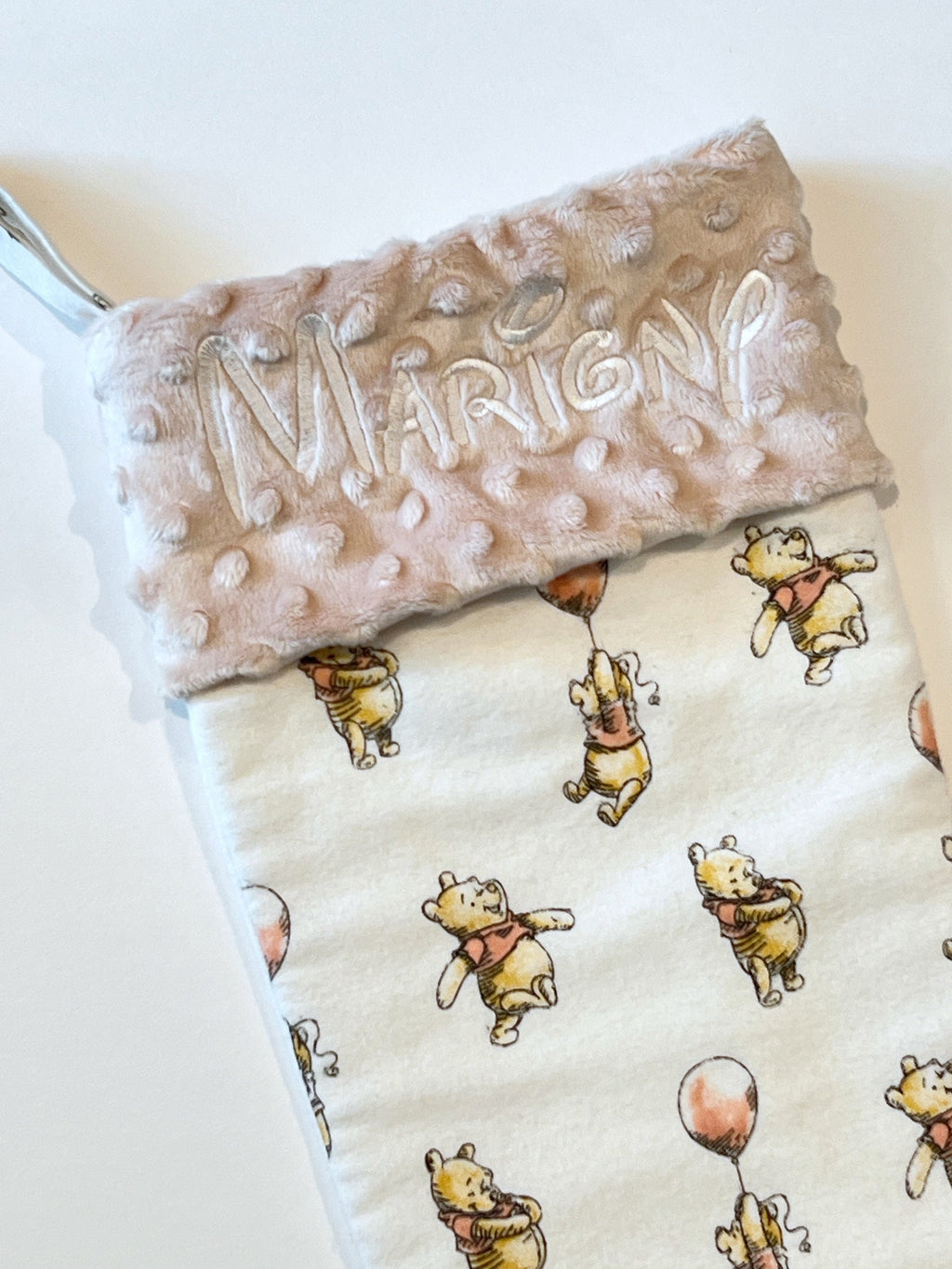 Personalized Christmas stocking baby toddler child made from flannel balloon Winnie the Pooh fabric fully  lined for girl boy, Minky cuff