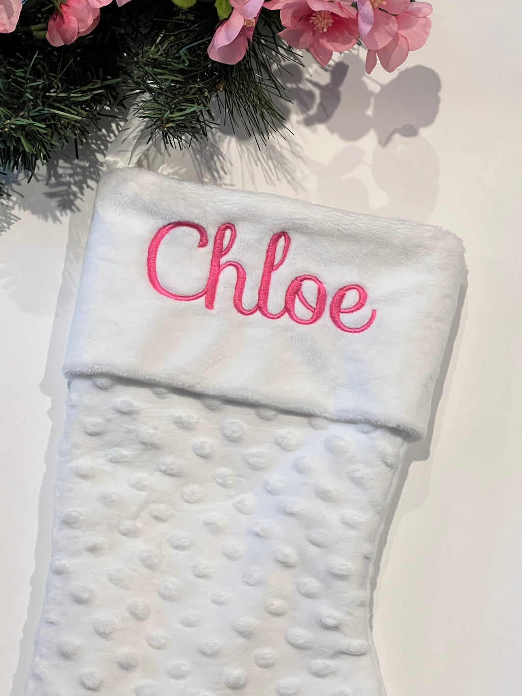 Personalized minky dot Christmas stocking in all colors with minky or fur cuff and fully lined 17”, red white olive blue pink black lavender