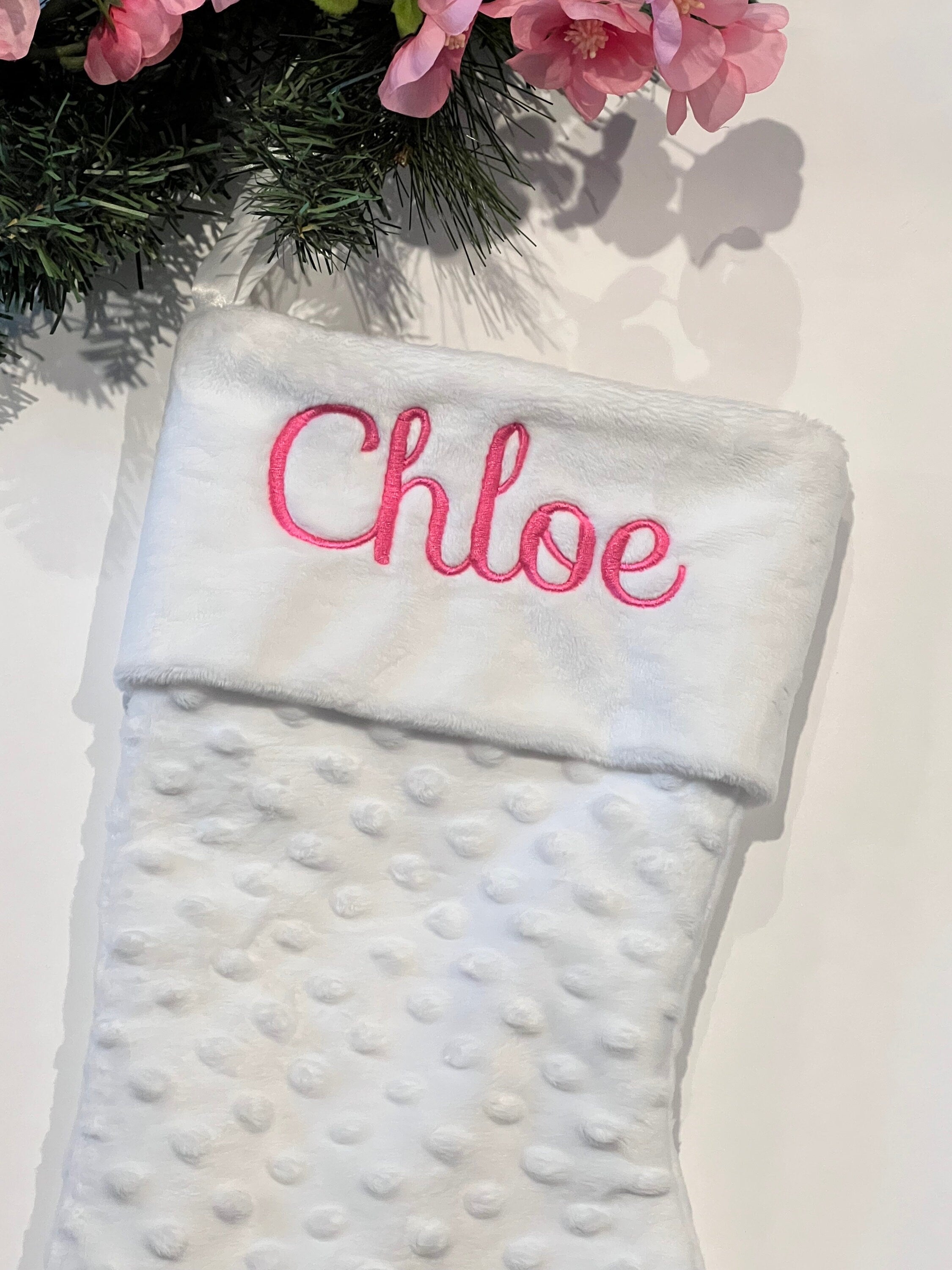 Personalized minky dot Christmas stocking in all colors with minky or fur cuff and fully lined 17”, red white olive blue pink black lavender